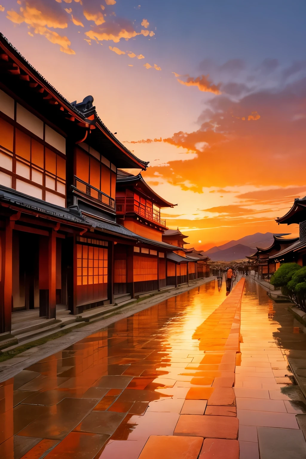 best quality, scenery of ancient capitals like Kyoto and Kamakura in Japan, (sunset sky dyed orange and red:1.4), sunlight shining through the gaps in the clouds, cobblestones, after the rain, ancient city at sunset