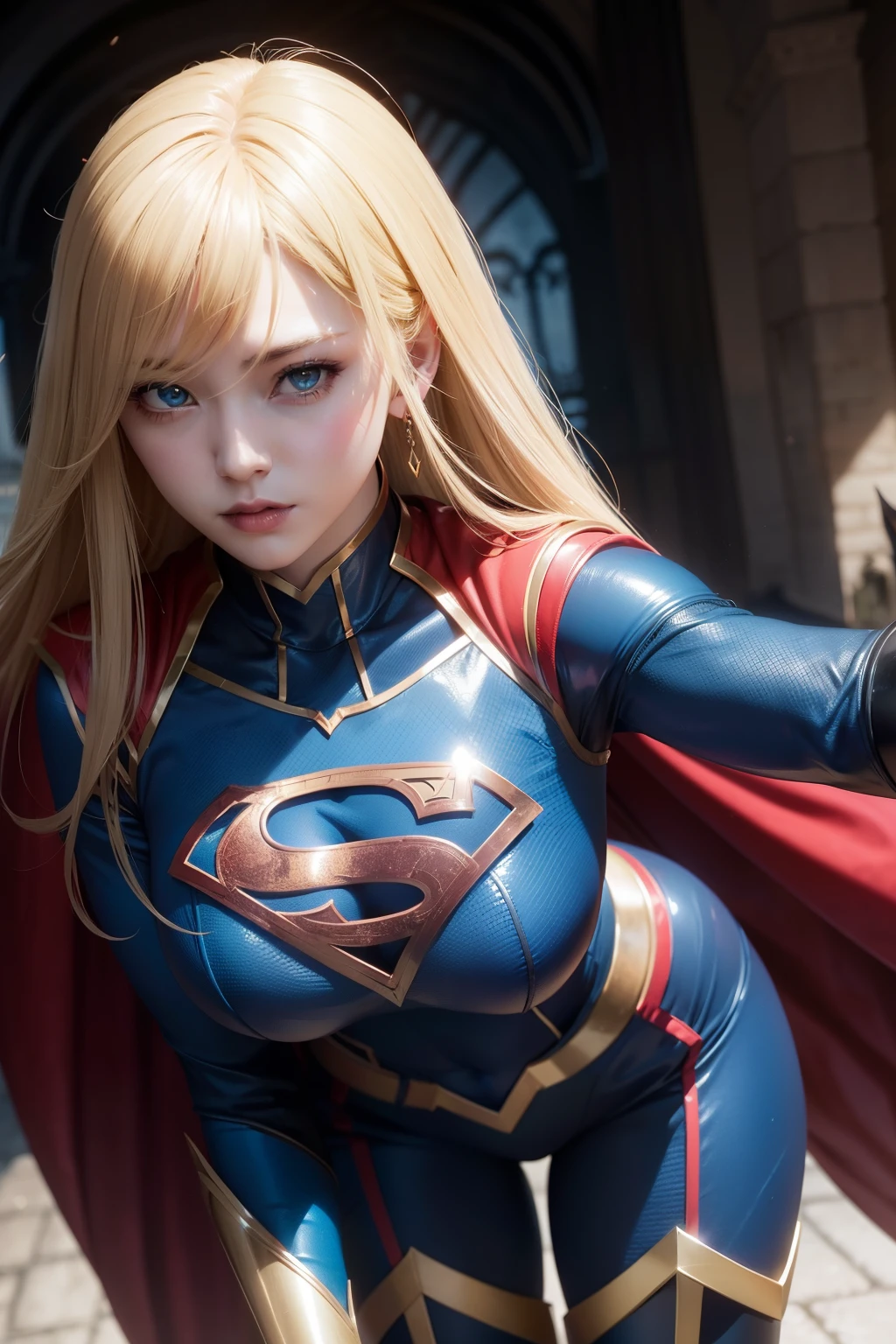 Waist up (perspective angle from bottom to top) ominous Supergirl fantasy anime mythic action effect (((Bloodbourne aesthetic style::1))) in black & golden tight suit armor, sharp focus, UHD, (masterpiece), best quality, expressive eyes, perfect face