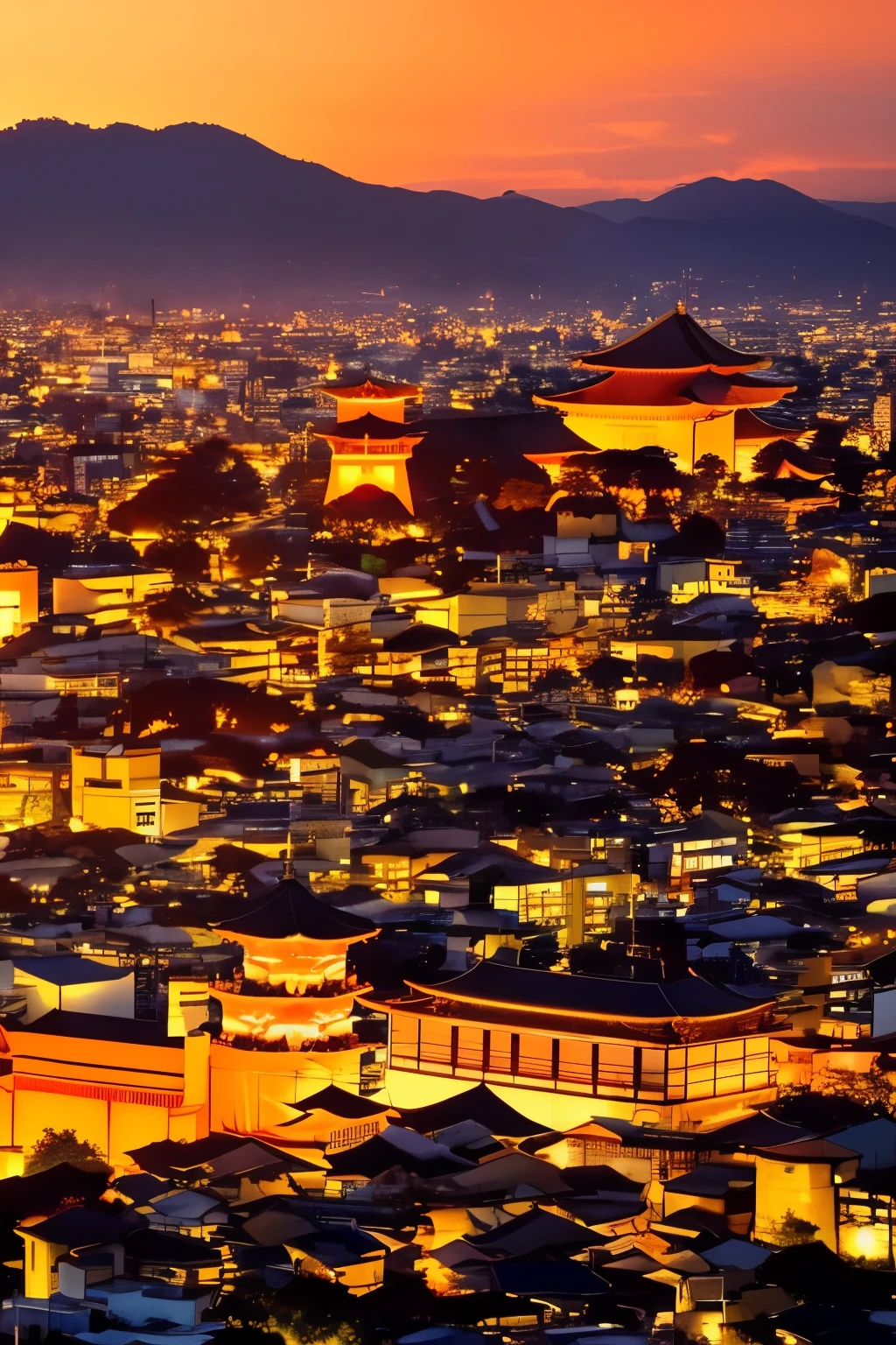 best quality, scenery of ancient capitals like Kyoto and Kamakura in Japan, (sunset sky dyed orange and red:1.4), sunlight shining through the gaps in the clouds, cobblestones, after the rain, ancient city at sunset