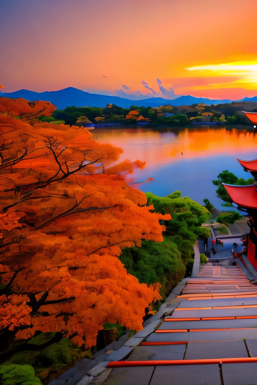 best quality, scenery of ancient capitals like Kyoto and Kamakura in Japan, (sunset sky dyed orange and red:1.4), sunlight shining through the gaps in the clouds, cobblestones, after the rain, ancient city at sunset