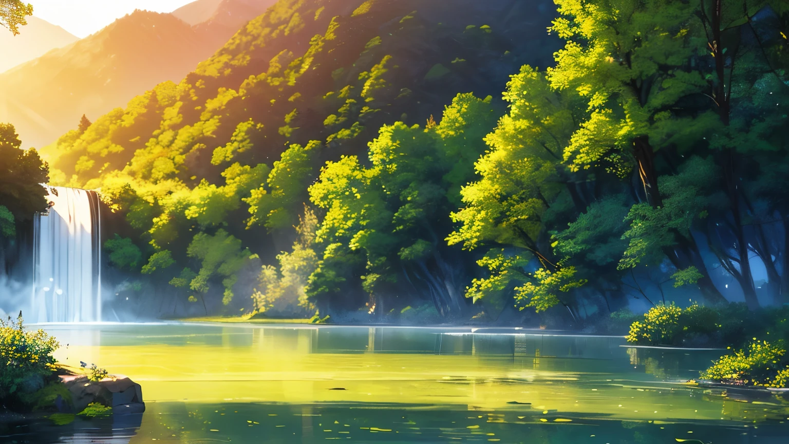 (best quality,4k,8k,highres,masterpiece:1.2),ultra-detailed,(realistic,photorealistic,photo-realistic:1.37),beautifully colored,dreamlike landscape,serene atmosphere,secluded oasis of greenery,dense foliage,grandiose trees and flowers,breathtaking view,sun rays piercing through the leaves,sunlit meadows,crystal-clear river,tranquil waterfall,majestic mountains,reflective lake,glistening dew drops,sublime sunset hues,misty morning mist,majestic animals subtly hidden woodland creatures,peaceful ambiance,harmonious symphony of nature's sounds,soft earth beneath the feet