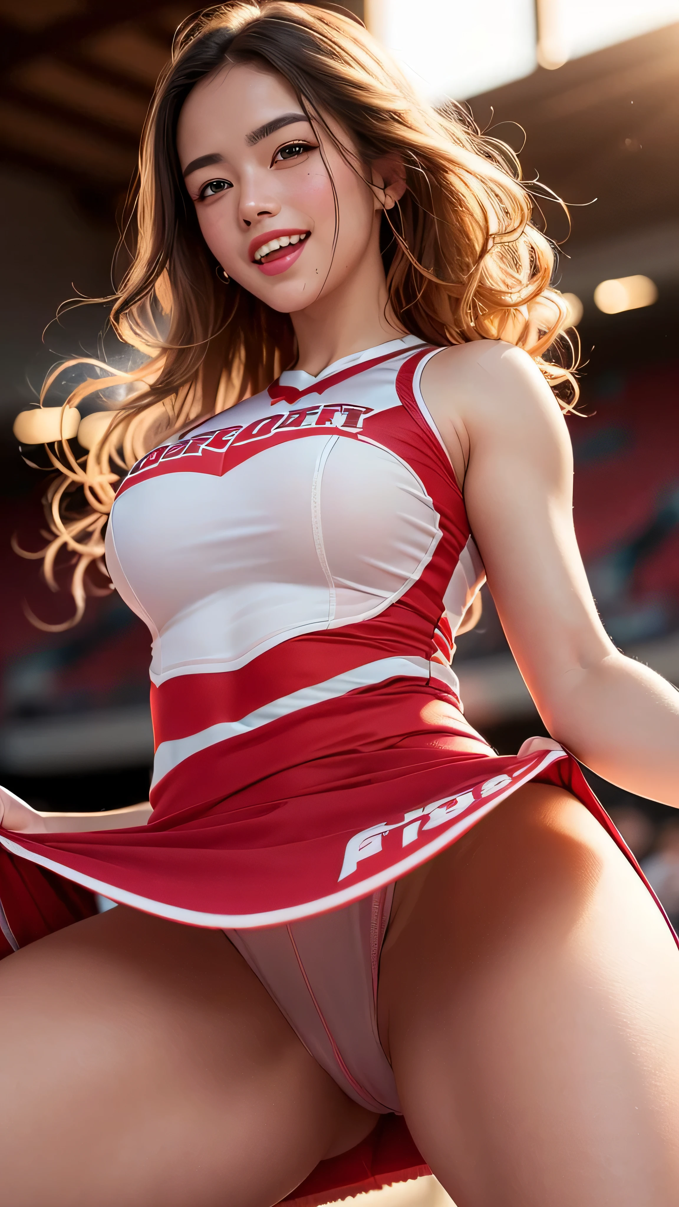 ((best quality: 1.5)) ((masterpiece: 0.8)), intricate details, sharp focus, professional, real life, realistic representation of the face, golden hour, bright glow, dynamic pose, in the style of realistic and hyper detailed renderings BREAK (((detailed 35year athletic mistress, medium breasts, pokies, red lips, Makeup: 1.4, (((((cheer dress lift by myself, upskirt))), pretty cameltoe, abdominal muscles, blonde curly hair, laughing)))), freckles: 0.8), photorealistic, hyper-realistic, 8K