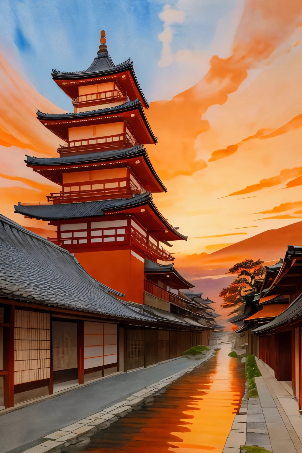 Japanese painting, ukiyo-e style, watercolor, Ink painting, art, best quality, scenery of ancient capitals like Kyoto and Kamakura in Japan, (sunset sky dyed orange and red:1.4), sunlight shining through the gaps in the clouds, cobblestones, after the rain, ancient city at sunset