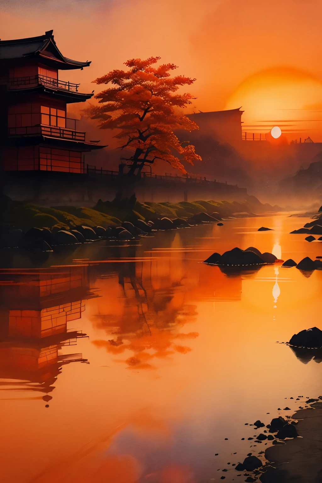 Japanese painting, ukiyo-e style, watercolor, Ink painting, art, best quality, scenery of ancient capitals like Kyoto and Kamakura in Japan, (sunset sky dyed orange and red:1.4), sunlight shining through the gaps in the clouds, cobblestones, after the rain, ancient city at sunset