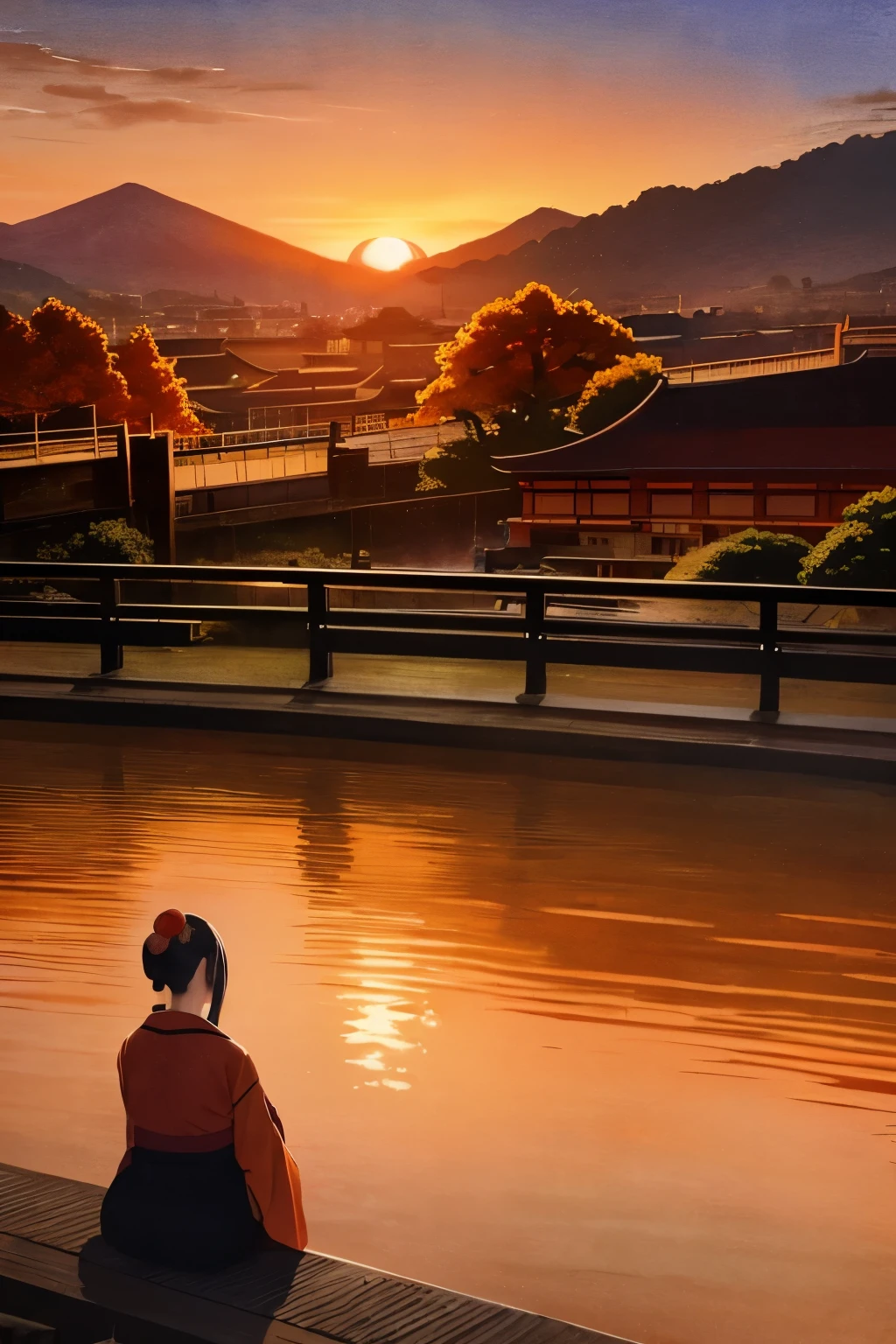 Japanese painting, ukiyo-e style, watercolor, Ink painting, art, best quality, scenery of ancient capitals like Kyoto and Kamakura in Japan, (sunset sky dyed orange and red:1.4), sunlight shining through the gaps in the clouds, cobblestones, after the rain, ancient city at sunset