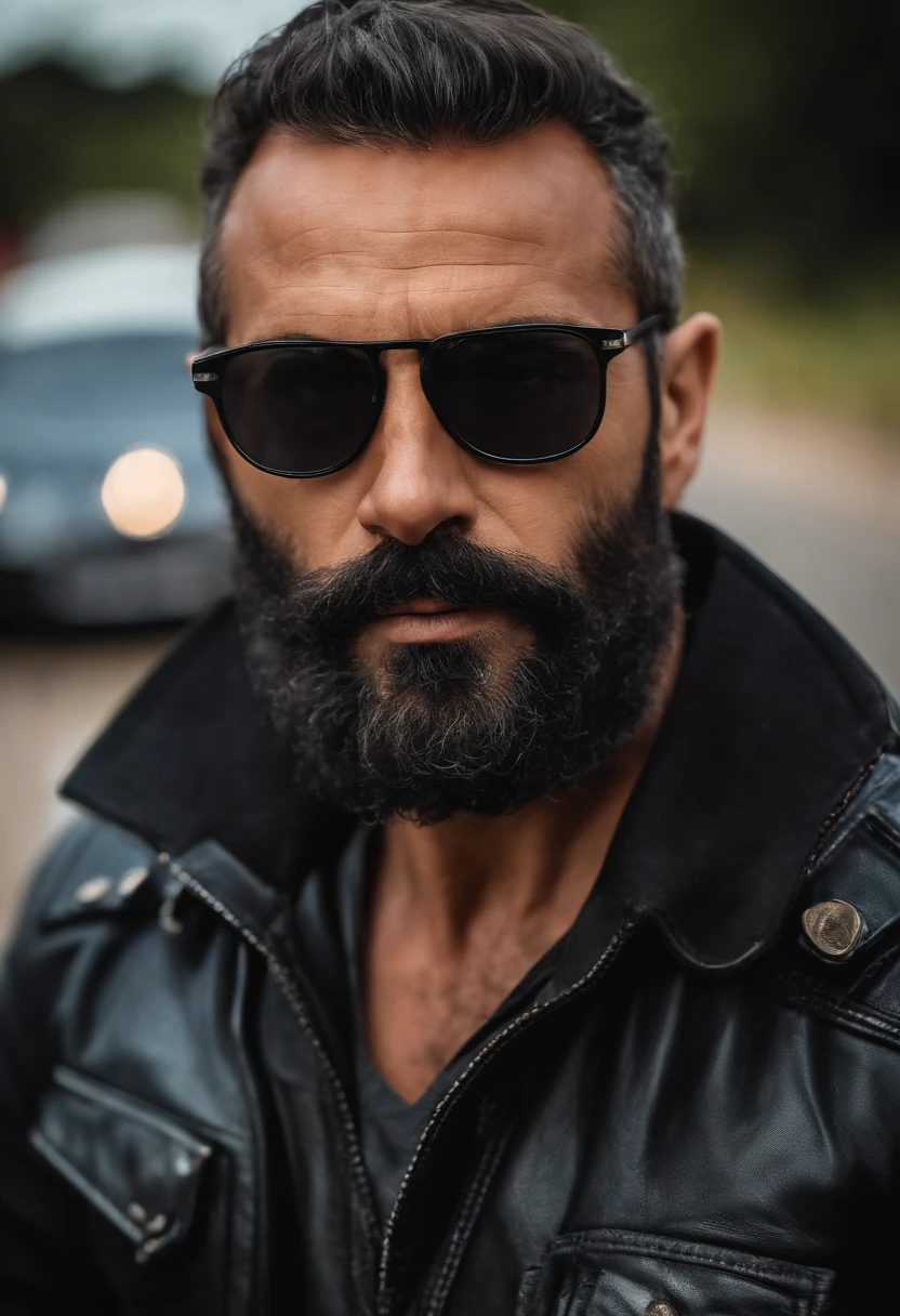 homem atraente de 40 anos no casaco de couro extilo exterminador , Barba bonita , profissional livre Homem ????, casaco motociclista, Front camera focus, modo retrato, Perfectly straight in front of the camera
