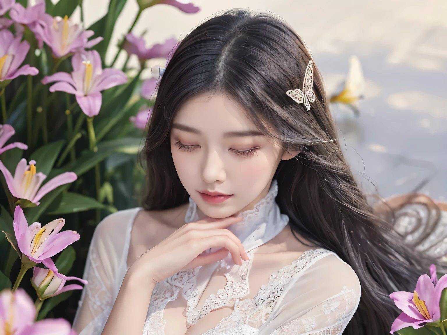 lace dress 1, ((knee shot)), genuine、Realistic、genuine写真、one hand is on the lips、周围头发有白butterfly兰，light purple dendrobium、orange lily、white lily、1 girl、full body photo、gray hair、floating hair、hazy beauty、plump breasts, chopped, has a very beautiful face、hairpin on the head、lying among flowers、drag your chin with both hands、perfect hands、rosette、(spring、Wet day、butterfly、cliff)、 vector art、Chinese modern art、soft lighting、tangled scarf、look down