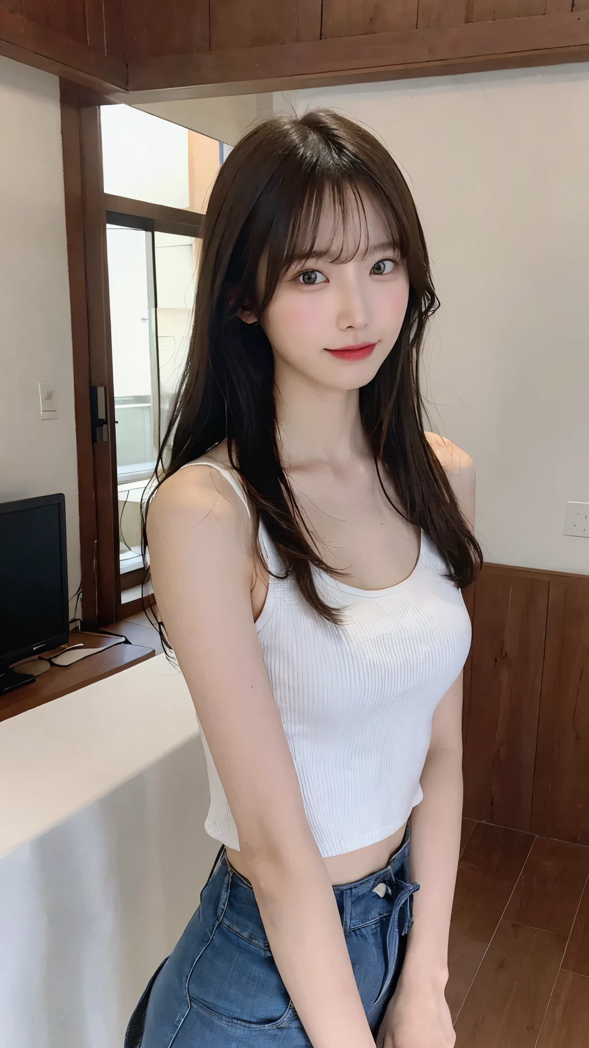 (realistic、High resolution:1.3)、1 Japan High School Girl、(Slender)、Height is 156cm、A sloppy smile、Random hairstyles、long hair、((Wearing a loose tank top))、Tank top color is random、big 、exposed chest、exposed areola、areola is small、thin arms、Delicate waist、It looks like the ribs are sticking out、(There is a gap between the left and right sides.:1.3)