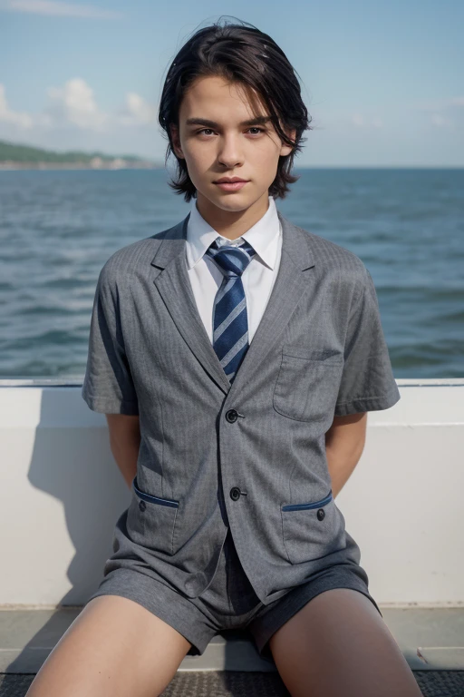A 12 year old a boy lay face down floating in the sky, the boy dresses 70s British school uniform (grey blazer, gray dress shirts, striped ties, charcoal gray tight short shorts, gray long socks, black dress shoes), white skin, blue eyes, short vintage 50s black hair, lay face down floating in the sky, Disney style, a blue sky, perfect drawn,