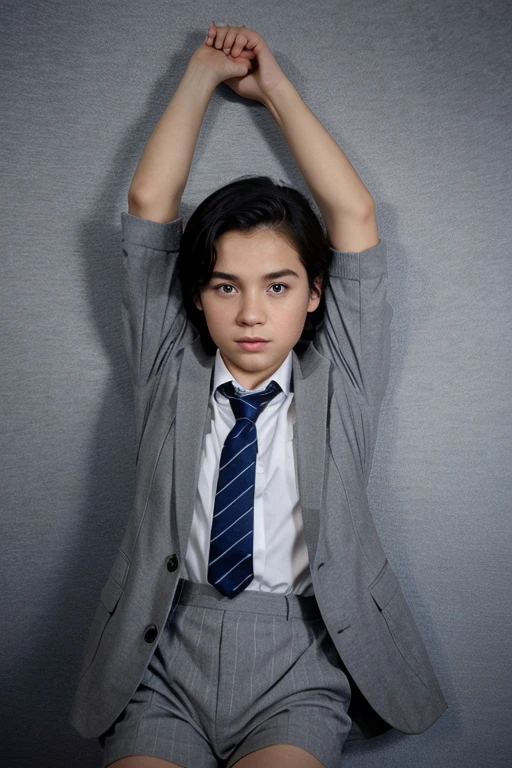 A a boy lay face down floating in the sky, the boy dresses 70s British school uniform (grey blazer, gray dress shirts, striped ties, charcoal gray tight short shorts, gray long socks, black dress shoes), white skin, blue eyes, short vintage 50s black hair, lay face down floating in the sky, Disney style, a blue sky, perfect drawn,