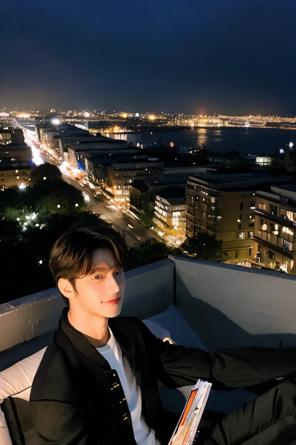 "Imagine a young man on a rooftop with the city's night skyline stretching behind him, gazing into the camera (viewer's perspective) with a warm smile. He is not in his dazzling stage outfits typical of an idol but instead wears casual, yet stylish, everyday clothes, exuding a relaxed aura. Beside him, there's evidence of a cozy evening spent together: a homemade dinner they've just enjoyed and a collection of DVDs from movies he picked out. This scene captures a special moment reserved for just the two of them, contrasting with the glitz of his idol life, highlighting his gentle and approachable side. The lighting is soft, filling the space between them with love and intimacy."Beautiful Korean man, expressive eyes, Korean idol, 1 man, masterpiece, High quality, best quality, High resolution, boy friends, like an influencer,