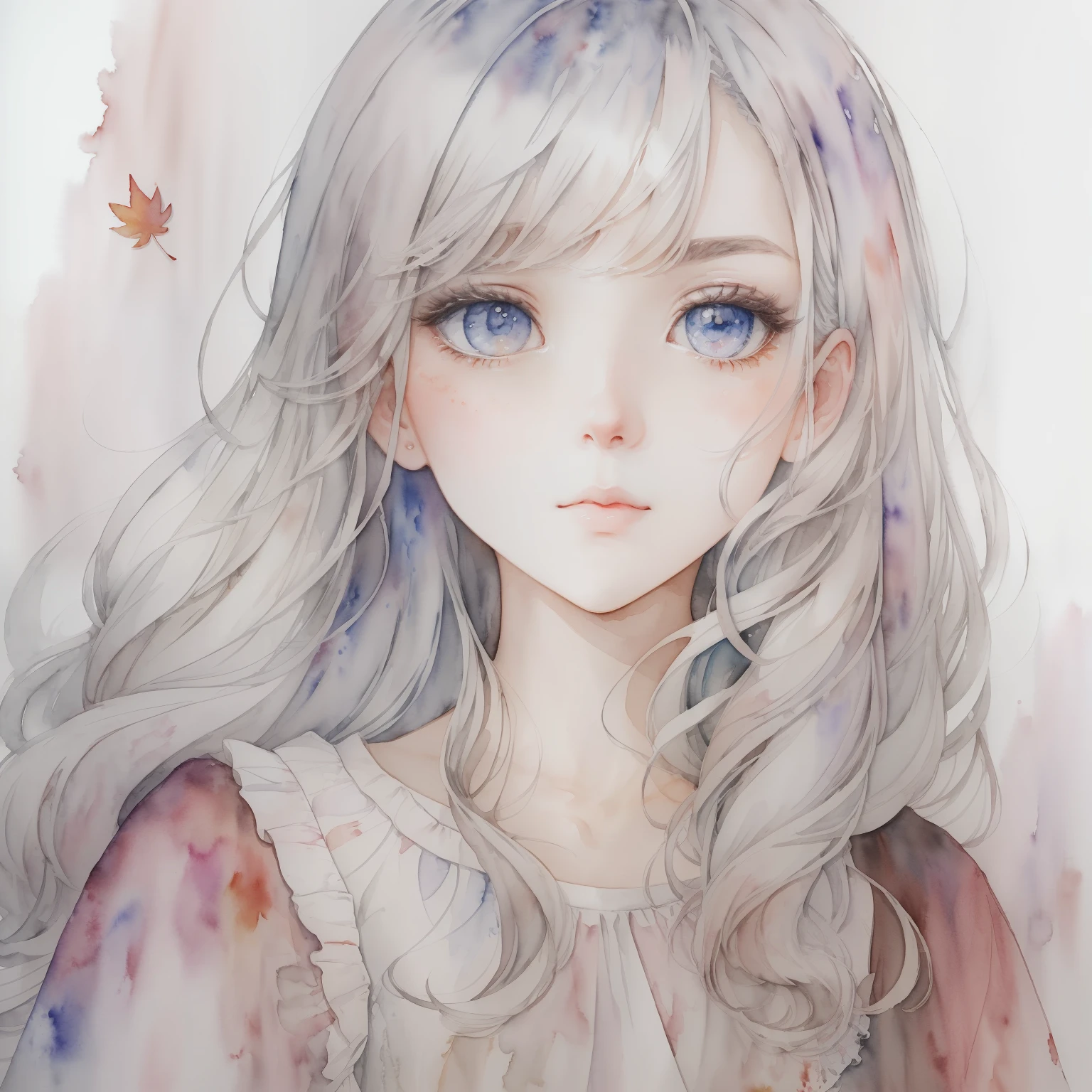 Make an image look like autumn.、(masterpiece)、(highest quality:1.1)、(超detailedな:1.1)、best illustrations、detailed、(watercolor painting:1.4)、(hand drawn:1.2)、(Watercolor brush hair)、 1 girl,Super beautiful、Upper body、Portrait、white hair、gray eyes、Look straight here、upward glance、blouse、