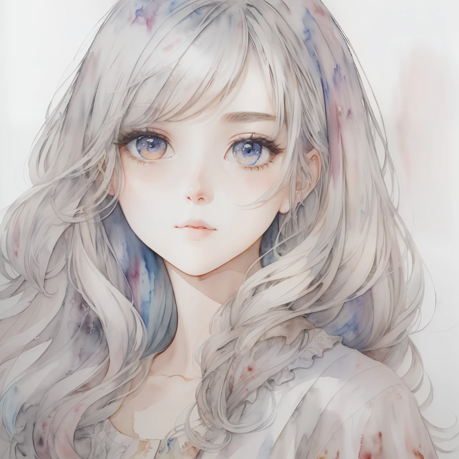 Make an image look like autumn.、(masterpiece)、(highest quality:1.1)、(超detailedな:1.1)、best illustrations、detailed、(watercolor painting:1.4)、(hand drawn:1.2)、(Watercolor brush hair)、 1 girl,Super beautiful、Upper body、Portrait、white hair、gray eyes、Look straight here、upward glance、blouse、