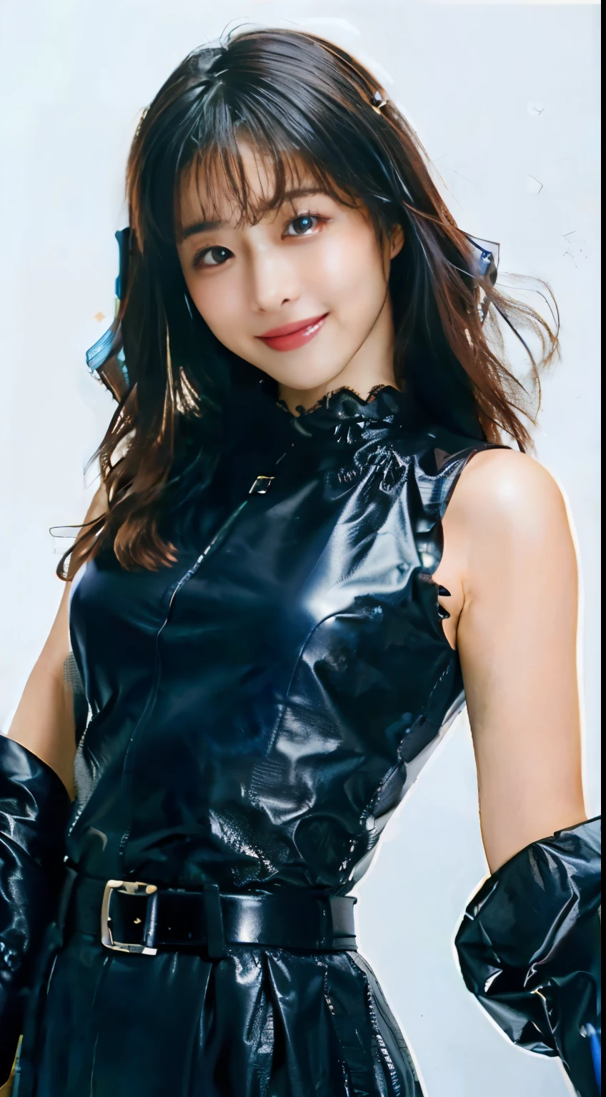 ta, smile, 20-year-old, ((highest quality)), ((masterpiece)), (High resolution:1.3), ..3D, beautiful (cyber punk:1.3), Stylish woman, watch camera black leather clothing, No sleeve, embarrassing, invisible waist skin, blue black leather pants, silver zipper,Belt under the waist,super fine illustration,blonde hair , amount, silver zipper in the middle, leather blue black body, With sleeves: Blue Black, shiny, black hair,