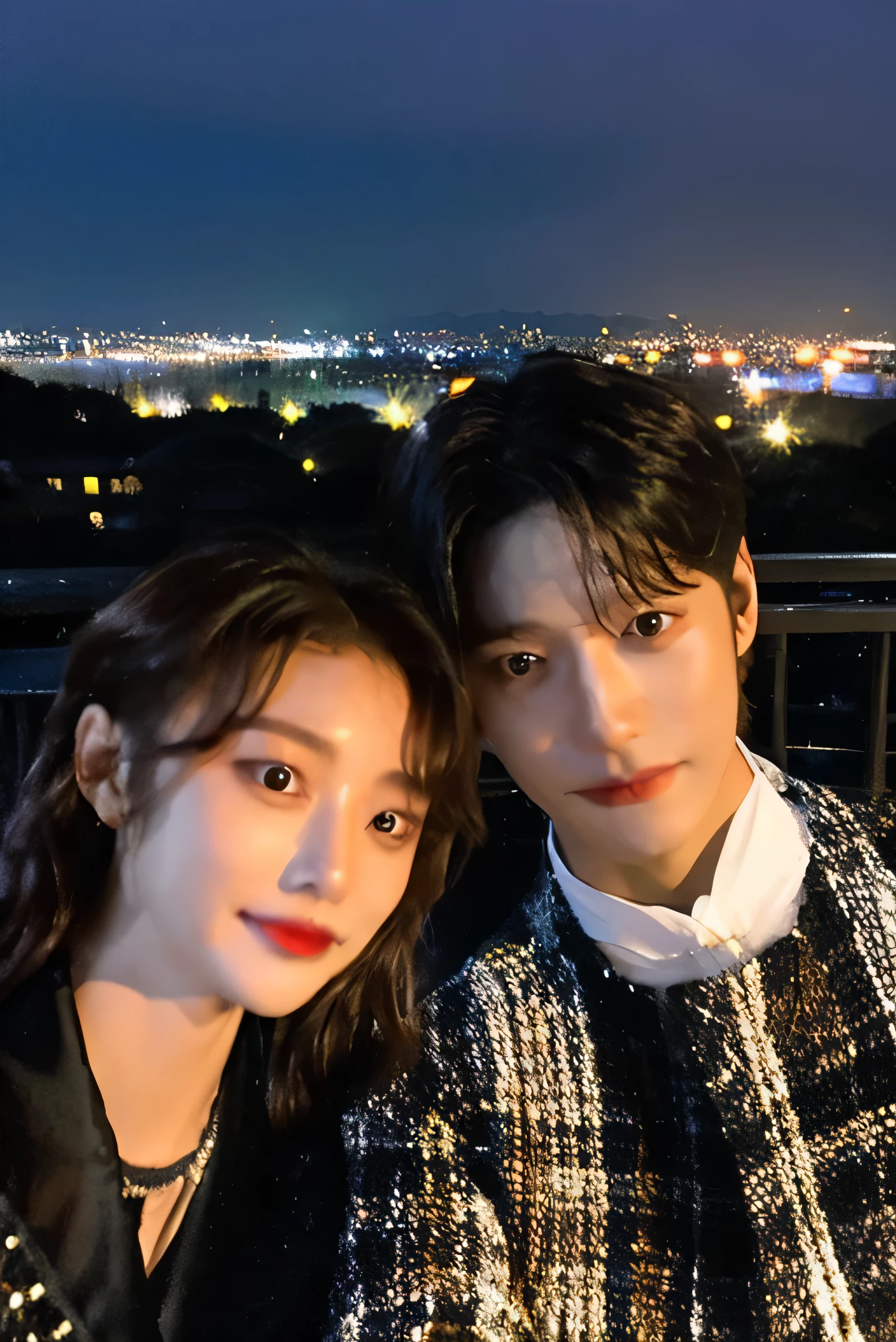 "Imagine a young man on a rooftop with a night view of the city behind him.。, stare at the camera (Viewer's perspective) With a warm smile. Not the flashy stage costumes typical of idols.、wearing casual clothes。, stylish, Casual clothes, Create a relaxing aura. Beside him, There is evidence that we spent a cozy night together.: The homemade dinner you just enjoyed、DVD collection of his chosen movies. This is a scene that captures a special moment just for two people., In contrast to the glamor of the idol era, emphasize his kind and friendly side. The lighting is soft, Fill the space between two people with love and intimacy."Beautiful Korean Man, expressive eyes, korean idol, 1 person, masterpiece, high quality, 最high quality, High resolution, Boy Friends, like an influencer,