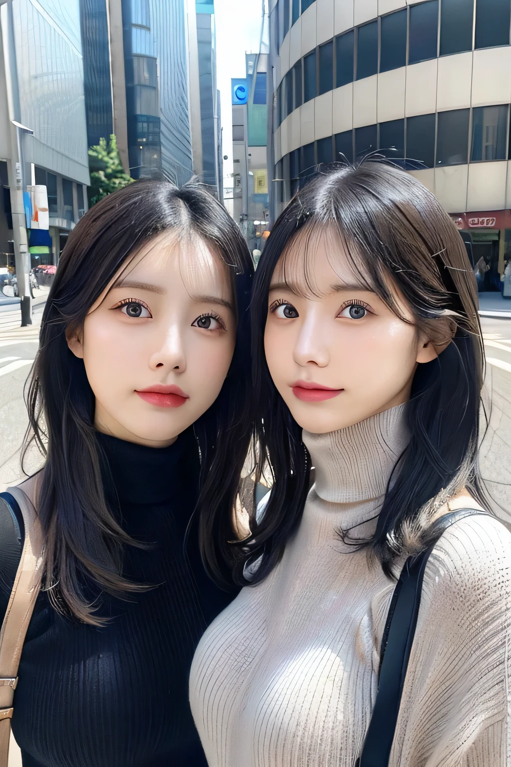(huge tit、Turtleneck knitwear、shoulder bag)、(highest quality,masterpiece:1.3,ultra high resolution,),(Super detailed,caustics),(Photoreal:1.4,RAW shooting,)ultra-realistic capture,very detailed,High resolution 16K resolution perfect for human skin、 natural skin texture、、Skin tone looks even and healthy、 Use natural light and color,two women,identical twins,Japanese,,cute,black haired,middle hair,(written boundary depth、chromatic aberration、、wide range of lighting、natural shading、)、(hair swaying in the wind:1.2)、Tokyo cityscape