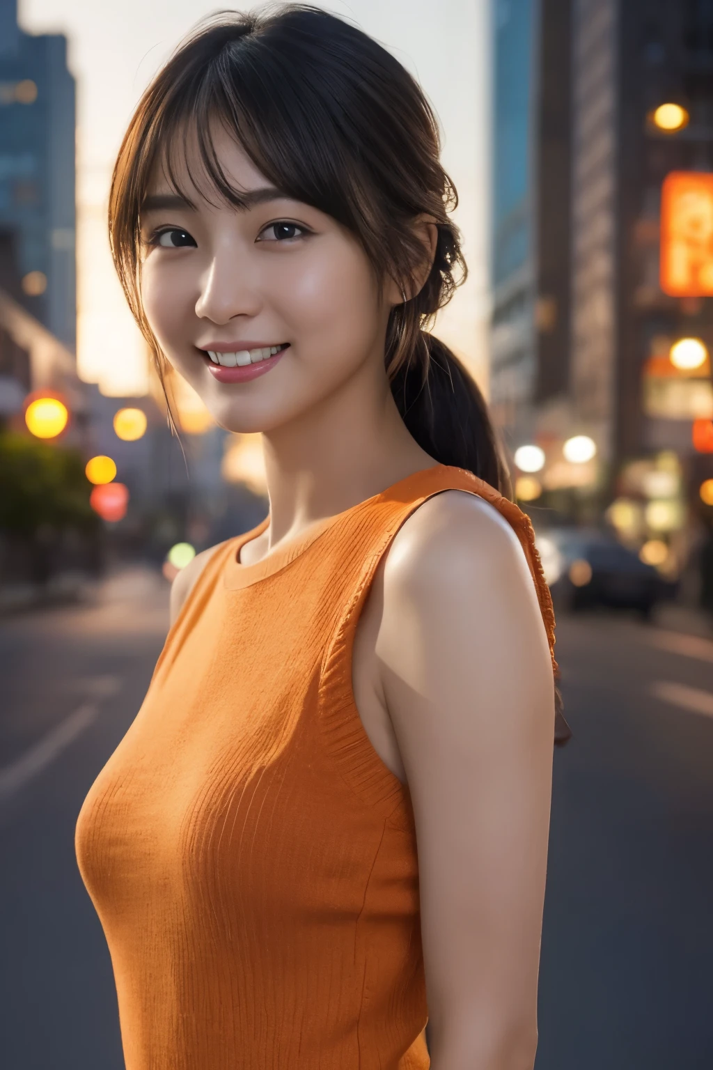 1 girl, (wearing an orange knit dress:1.2), (RAW photo, highest quality), (realistic, Photoreal:1.4), table top, very delicate and beautiful, very detailed, 2k wallpaper, wonderful, finely, very detailed CG Unity 8K 壁紙, Super detailed, High resolution, soft light, beautiful detailed girl, very detailed目と顔, beautifully detailed nose, beautiful and detailed eyes, cinematic lighting, city light at night, perfect anatomy, slender body, smile, Camera-wide perspective, looking forward to it