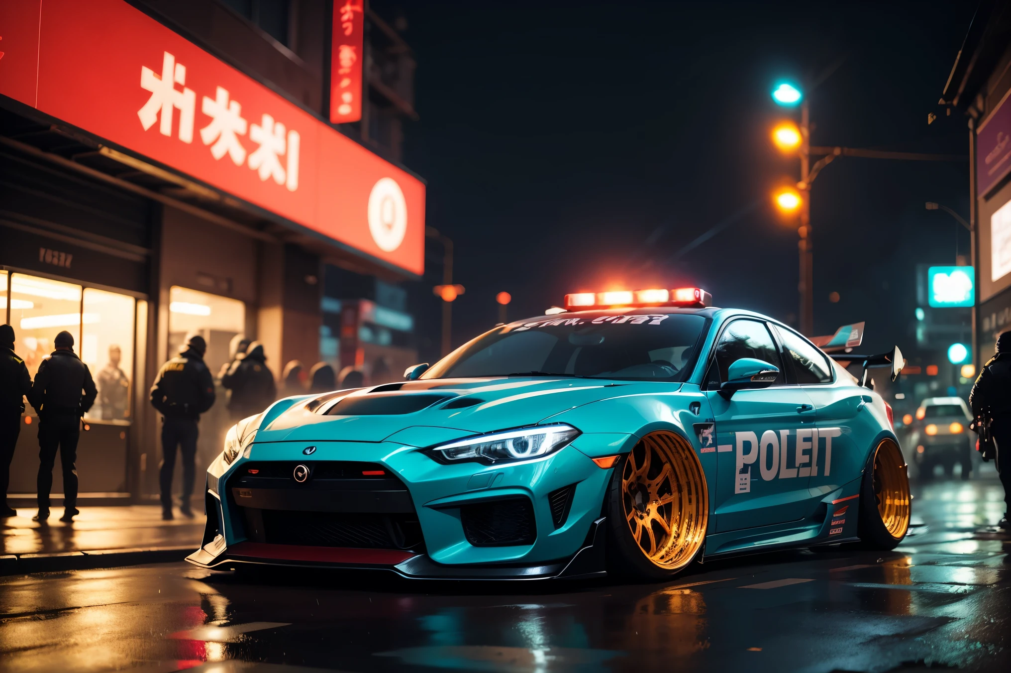night, rain ,blue red lights one the streets, GUNDAM, 4k, city, a little smoke on the street, best quality, Ultra-detailliert, realistisch,Meisterhafte Kunstfertigkeit, die sich in jedem Detail zeigt. cyberpunk, night, Neon-lit streets, Verfolgungsjagd mit der Polizei, Japanese drift cars, jdm,