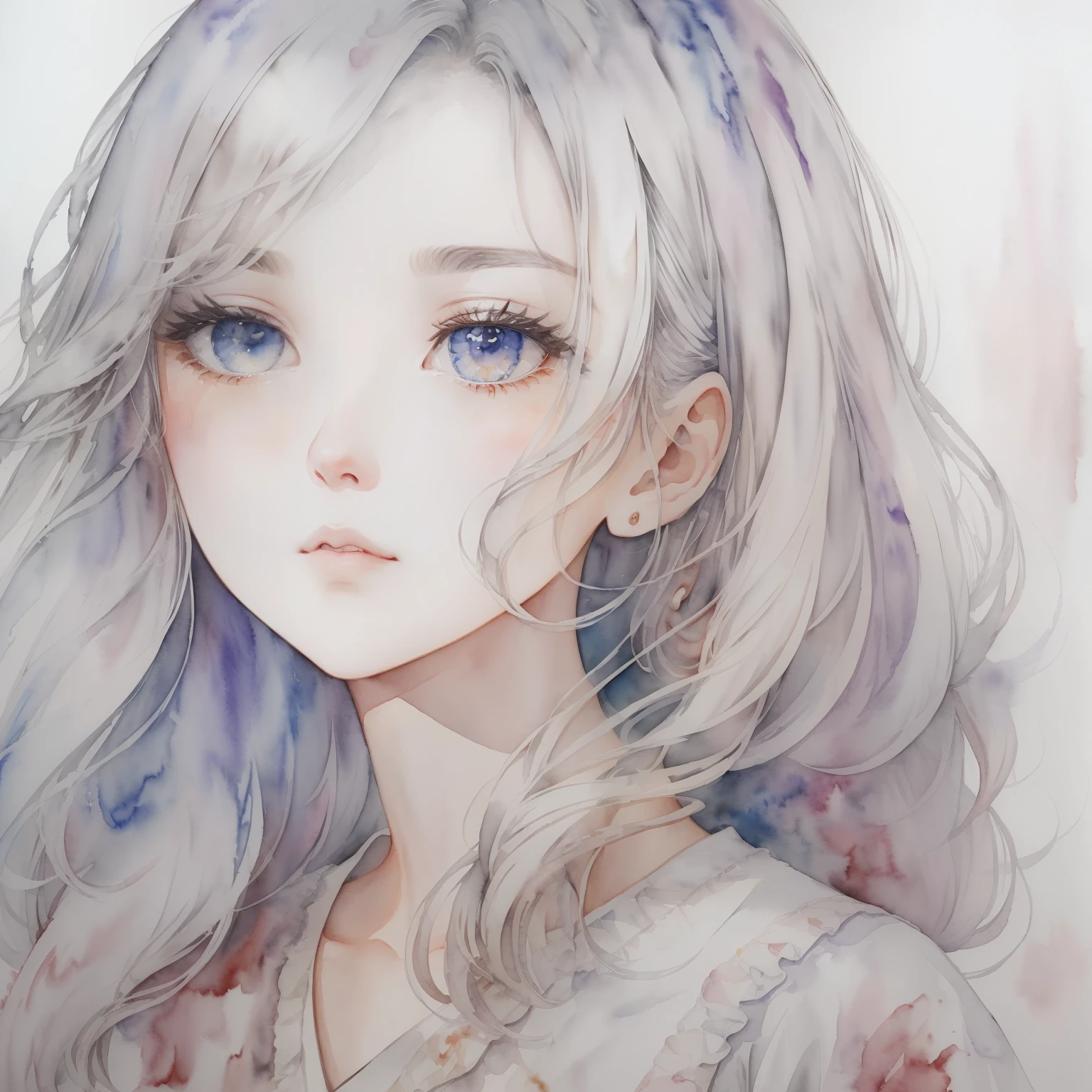 Make an image look like autumn.、(masterpiece)、(highest quality:1.1)、(超detailedな:1.1)、best illustrations、detailed、(watercolor painting:1.4)、(hand drawn:1.2)、(Watercolor brush hair)、 1 girl,Super beautiful、Upper body、Portrait、white hair、gray eyes、Look straight here、upward glance、blouse、