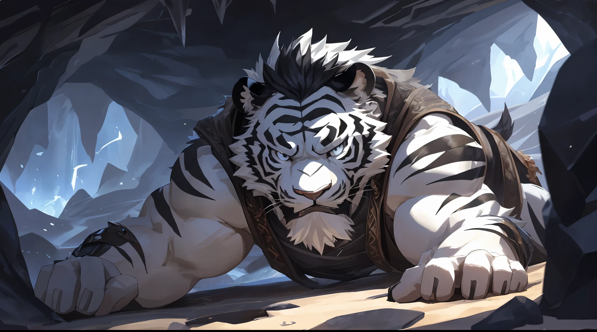 human nature((dramatic))epic, dynamic poses, dynamic angle, a scene in, Extreme perspective and powerful composition, ridiculous, (super detailed), sharp focus, Genji, Eye, black Eye, hairy, white fur, Black and white fur, Blackbeard, human nature (White Tiger), male, middle aged, white body, white belly, muscular, super detailed face, (delicate Eye), 1 boy, lie on the floor,Expression enjoyment,(cave background 1.1),(Thick white liquid 1.4)(1.2)motion blur, (best quality), (masterpiece), high detail, high quality, Award-winning, high resolution, HD, 16k, Yes, (close up:1.5)