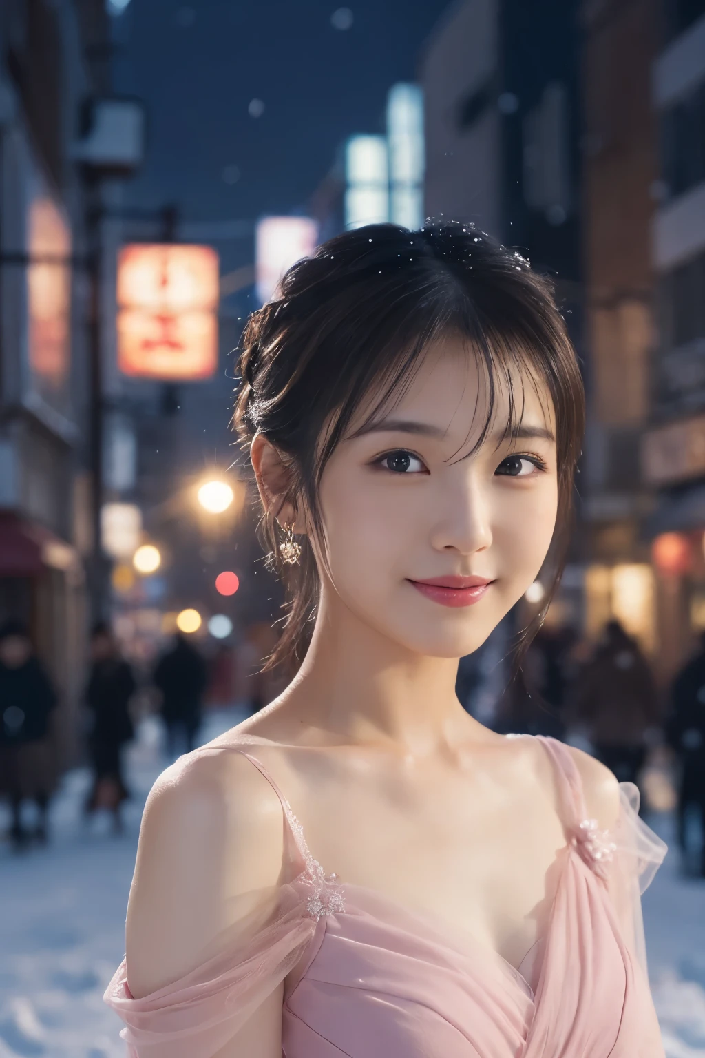 1 girl, (Wearing a pink dress:1.2), Beautiful Japan actress,
(RAW photo, highest quality), (realistic, Photoreal:1.4), masterpiece, 
very delicate and beautiful, very detailed, 2k wallpaper, wonderful, 
finely, very detailed CG Unity 8K 壁紙, Super detailed, High resolution, 
soft light, beautiful detailed girl, very detailed目と顔, beautifully detailed nose, beautiful and detailed eyes, cinematic lighting, 
break
(Against the backdrop of a snowy night cityscape 1.3), city lights, (Snow is flying:1.3), 
perfect anatomy, slender body, smile, Face the front completely, looking at the camera