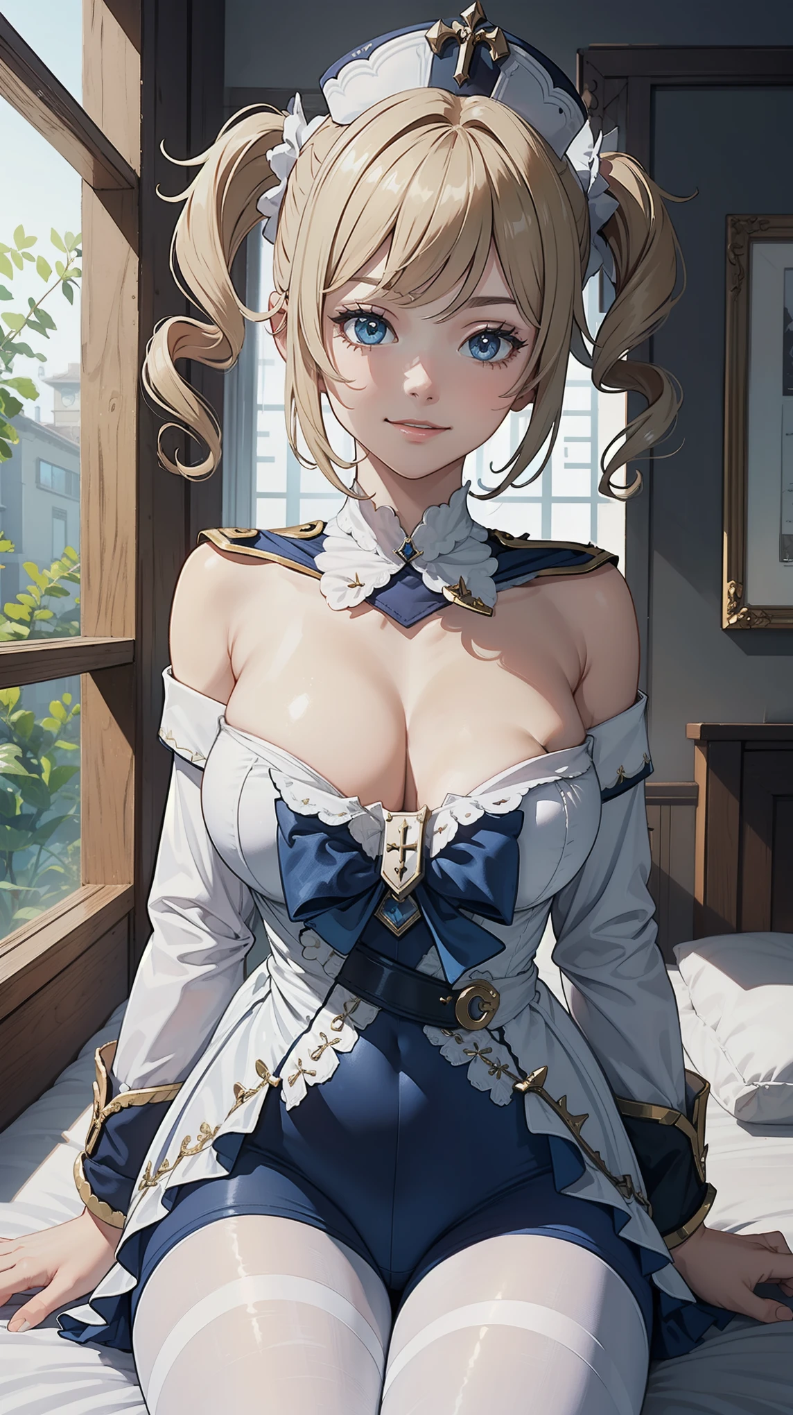 Masterpiece, high quality, 8k, ultra detail, 1 girl, (dynamic poses), ((barbaradef)), sitting, bed, huge breast, smile