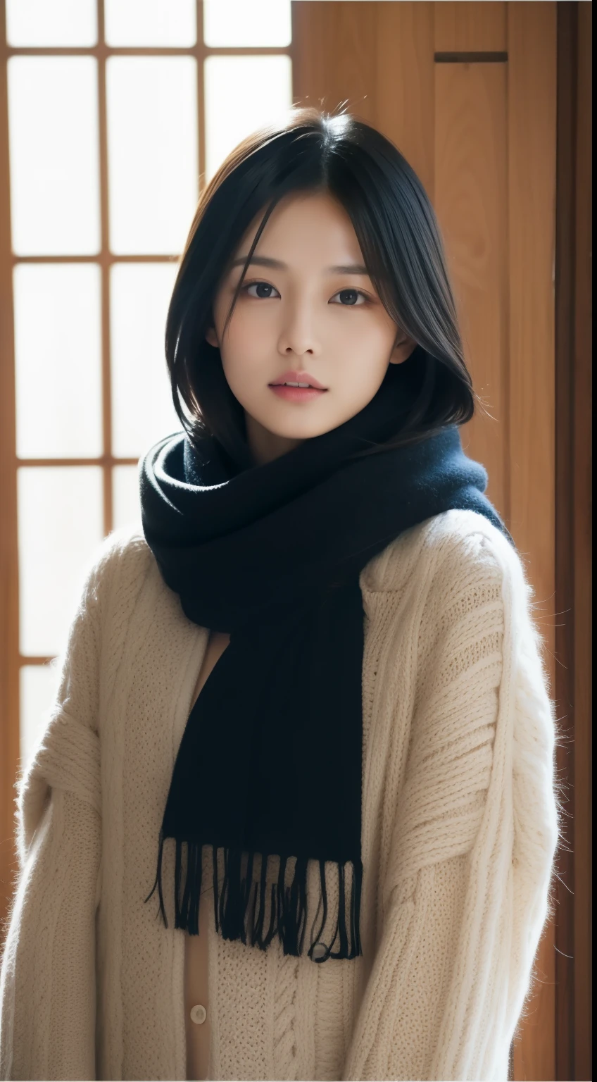 1 supermodel Japanese girl，Japanese style room interior，Half-length photo，mercerized hair，Warm white winter clothing，gentle，black hair，straight hair，black eyes，scarf，Beautiful facial lighting