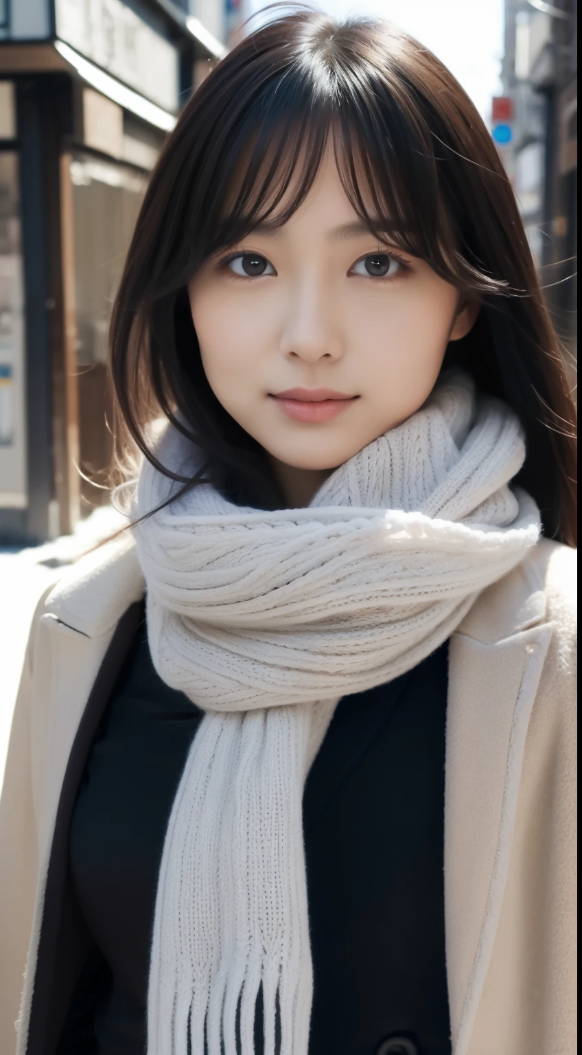 1 supermodel Japanese girl,Japan City Background,Half-length photo,mercerized hair,Warm white winter clothing,gentle,black hair,straight hair,black eyes,scarf,Beautiful facial lighting