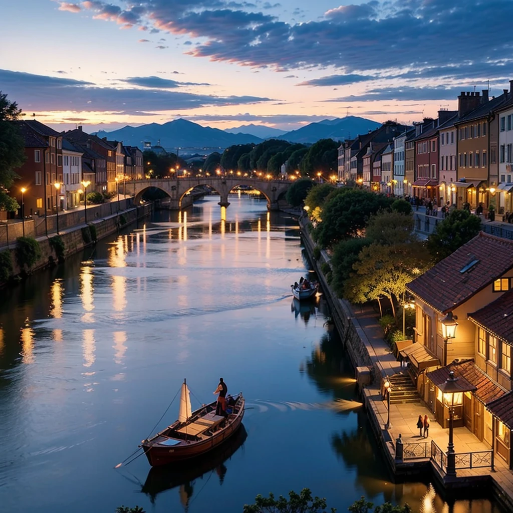 ancient city at sunset,ancient architecture,dramatic sunset sky,serene river flowing,reflection on the water,sublime colors on the buildings,shadows and silhouettes,long shadows from the buildings,soft golden light,cobblestone streets,stone bridges,ornate carvings,historic landmarks,tall towers and spires,majestic city walls,vivid colors of the sunset,calm and peaceful atmosphere,people strolling and enjoying the view,boats sailing on the river,twinkling lights coming alive,tranquil ambiance,graceful swans gliding on the water,hint of romance in the air,breathtaking and mesmerizing scene,majestic beauty,awe-inspiring moment