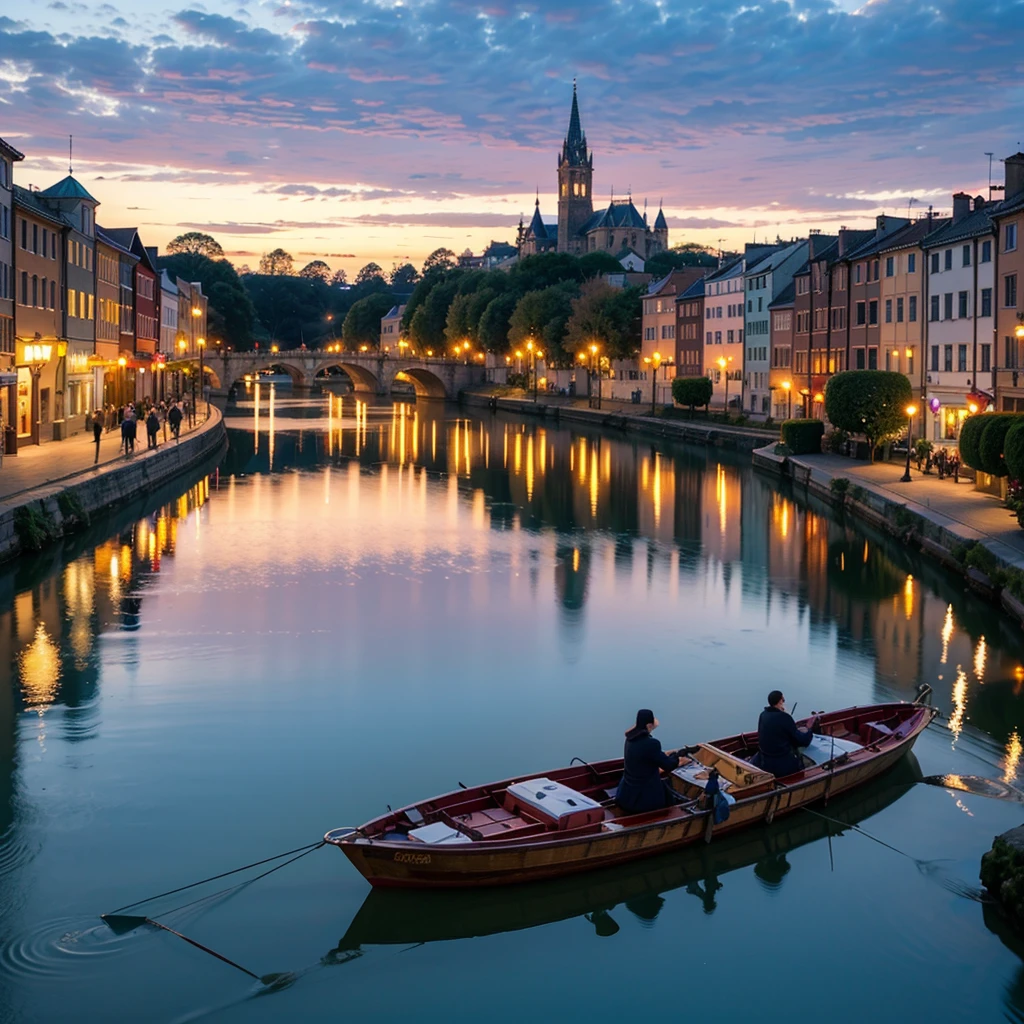 ancient city at sunset,ancient architecture,dramatic sunset sky,serene river flowing,reflection on the water,sublime colors on the buildings,shadows and silhouettes,long shadows from the buildings,soft golden light,cobblestone streets,stone bridges,ornate carvings,historic landmarks,tall towers and spires,majestic city walls,vivid colors of the sunset,calm and peaceful atmosphere,people strolling and enjoying the view,boats sailing on the river,twinkling lights coming alive,tranquil ambiance,graceful swans gliding on the water,hint of romance in the air,breathtaking and mesmerizing scene,majestic beauty,awe-inspiring moment