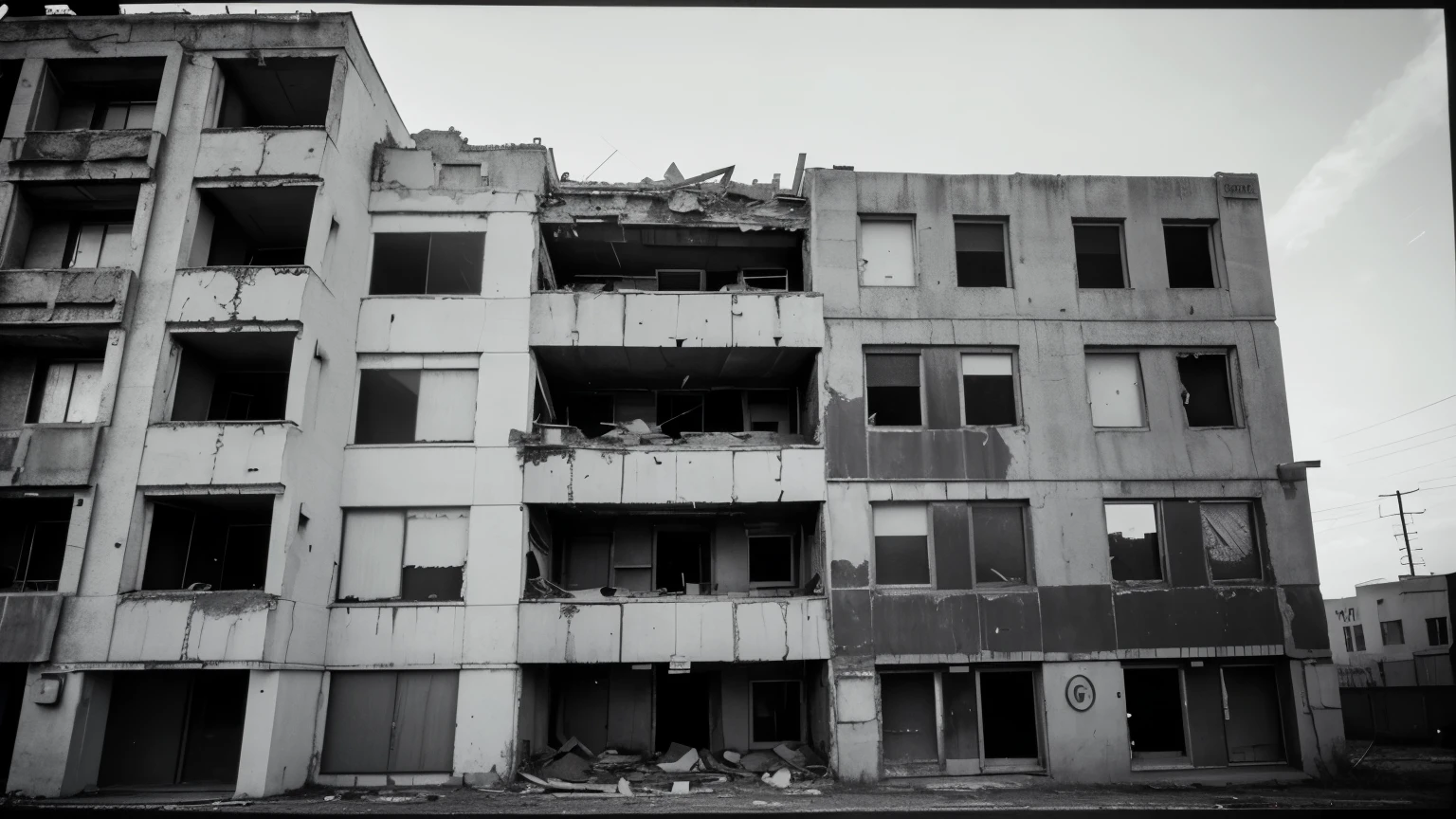 1970s B&W analogue photograph of abandoned 7-story residential building