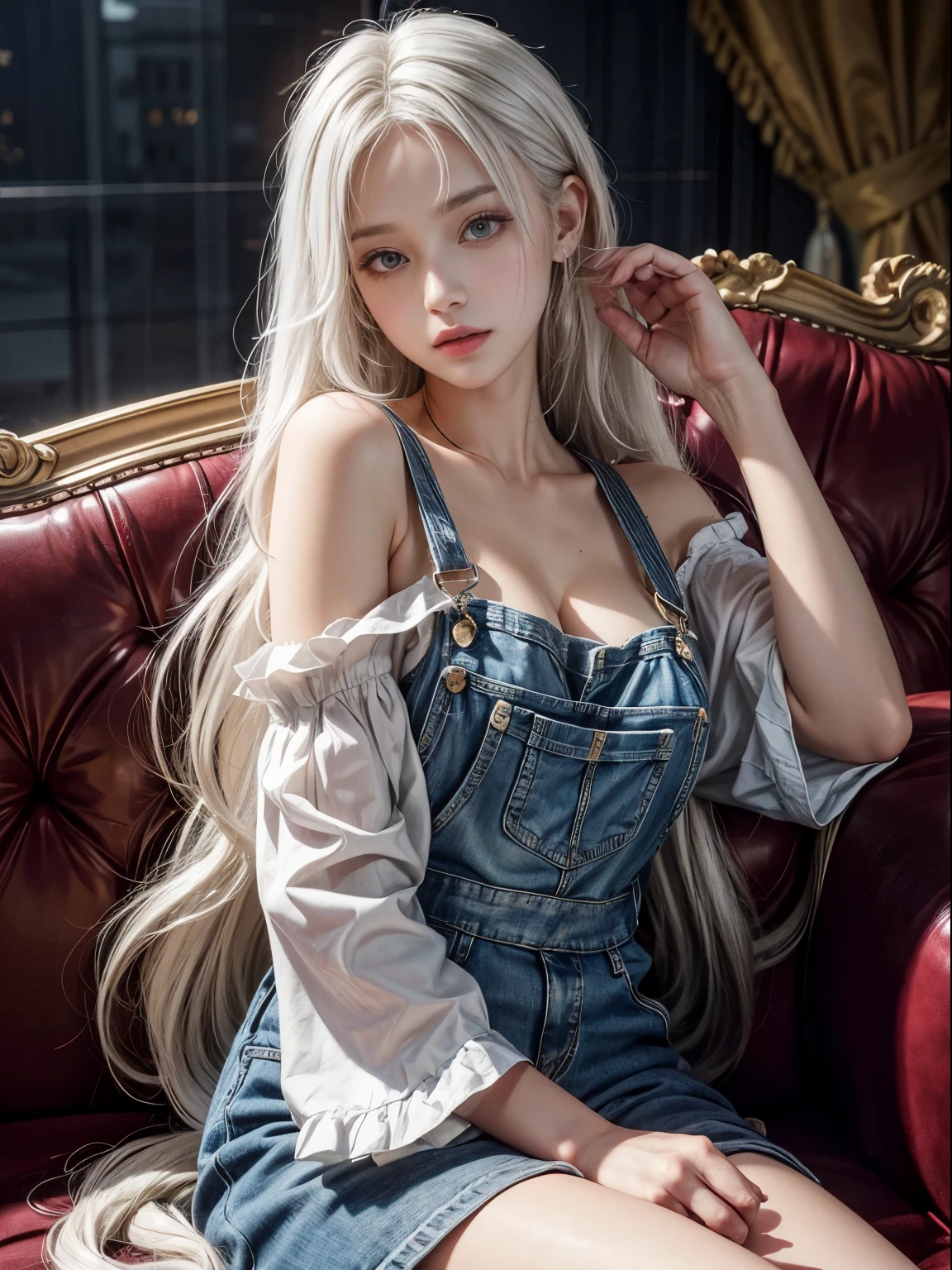 +masterpiece, highest quality, Super detailed, high school girl, beautiful face, Rich details, (long white hair), perfect face, ample breasts, boredom, overalls, off shoulder, sitting, close, Shabby sofa