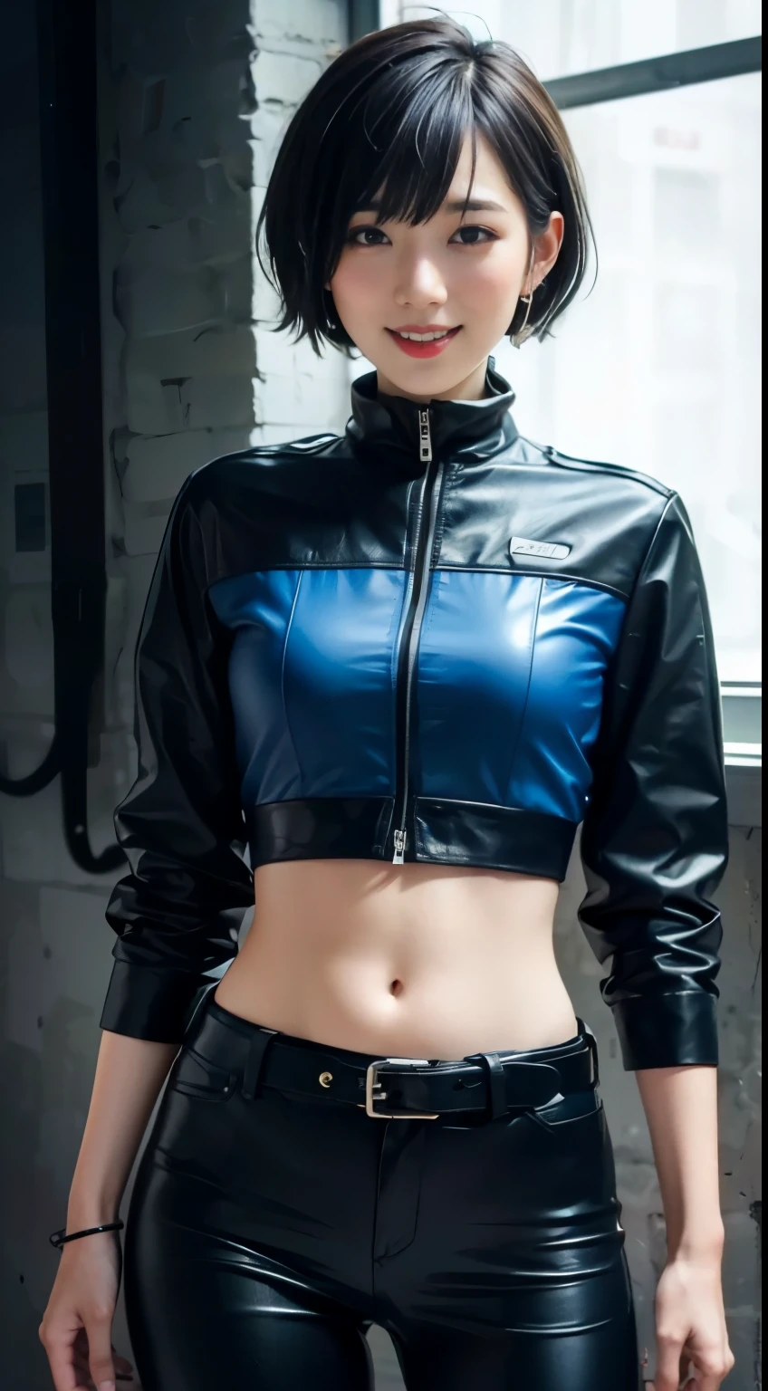 ta, smile, 20-year-old, ((highest quality)), ((masterpiece)), (High resolution:1.3), ..3D, beautiful (cyber punk:1.3), Stylish woman, watch camera black leather clothing, No sleeve, embarrassing, invisible waist skin, blue black leather pants, silver zipper,Belt under the waist,super fine illustration,blonde hair , amount, silver zipper in the middle, leather blue black body, With sleeves: Blue Black, shiny, black hair,