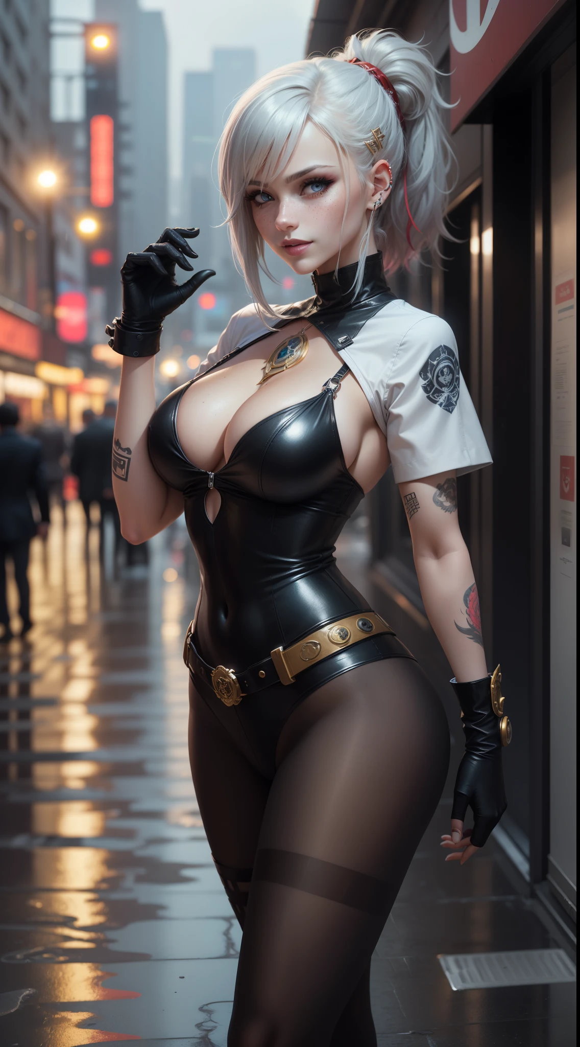 android 18,yorha 2b,mara jade,mordred, samus aran,overwatch,atelier ryza,close up,yakuza mansion,tattoos,royal gray and scarlet plugsuit,white short sleeve formal top,scarlet formal vest,black formal tie,royal gray short sleeve formal coat,royal gray formal pants,short punk hair,punk makeup,blue eyes,multicolored silver hair,cyberpunk gloves,sexy smile,freckles,beautiful girl,cyberpunk high heels,large breasts,8k,ultra detailed,realistic,fantasy art,hair pin,ear piercings,(weather:rainy),1girl,gold neck and hand jewelry,cyberpunk katana,