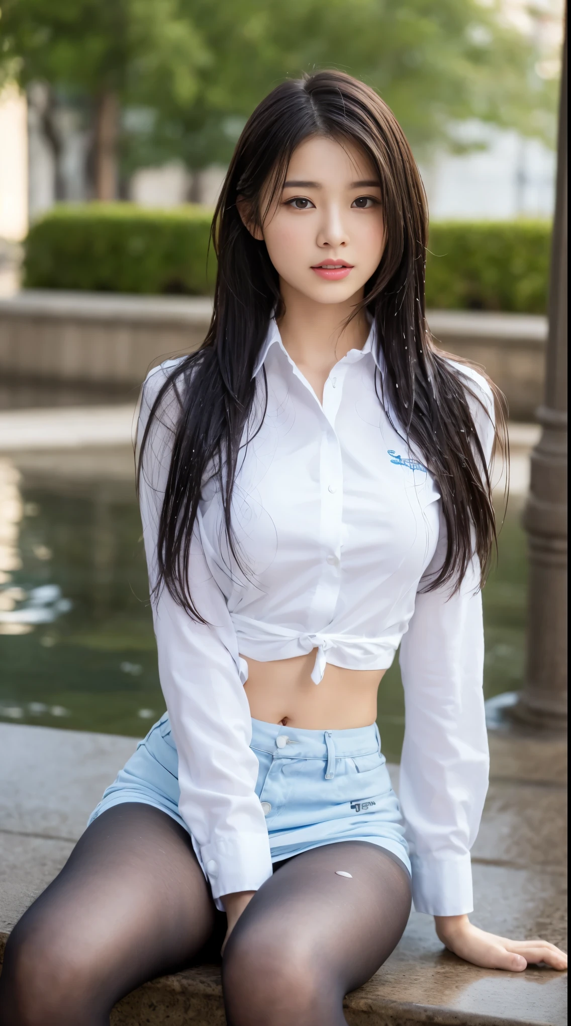 Ulzzang-6500-v1.1, (RAW photos:1.2), (realistic:1.4), Beautiful detailed girl, very detailed eyes and face, beautiful and delicate eyes, does not make sense, It&#39;s incredibly ridiculous., huge file size, ultra detail, high quality, very detailed, best quality, masterpiece, Kemomimi, ((japanese girls high school )), illustration, very detailed, CG, unification, 8k wallpapers, fantastic, fine details, masterpiece, best quality, highly detailed cg uniform 8k wallpapers, my face shines, movie lights, 16 year old girl, (Without panties)), ((dynamic pose))), (camel toe), (half), (pantyhose), (sitting legs bending at the knees)) ((top quality, 8 thousand, masterpiece: 1.3)), keenly: 1.2, perfect body beauty: 1.4, slim abs: 1.2, ((layered hairstyle, big: 1.2)), (wet White Button Long Shirt: 1.1), (rain, distance: 1.2), wet: 1.5, very detailed 얼굴과 피부 질감, detailed eyes, double eyelid, The screen facing the camera