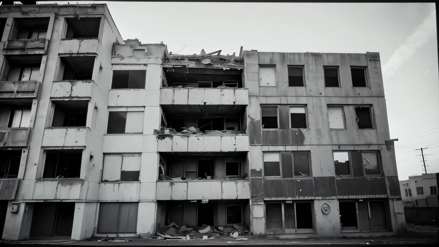 1970s B&W analogue photography of abandoned 7-story residential building