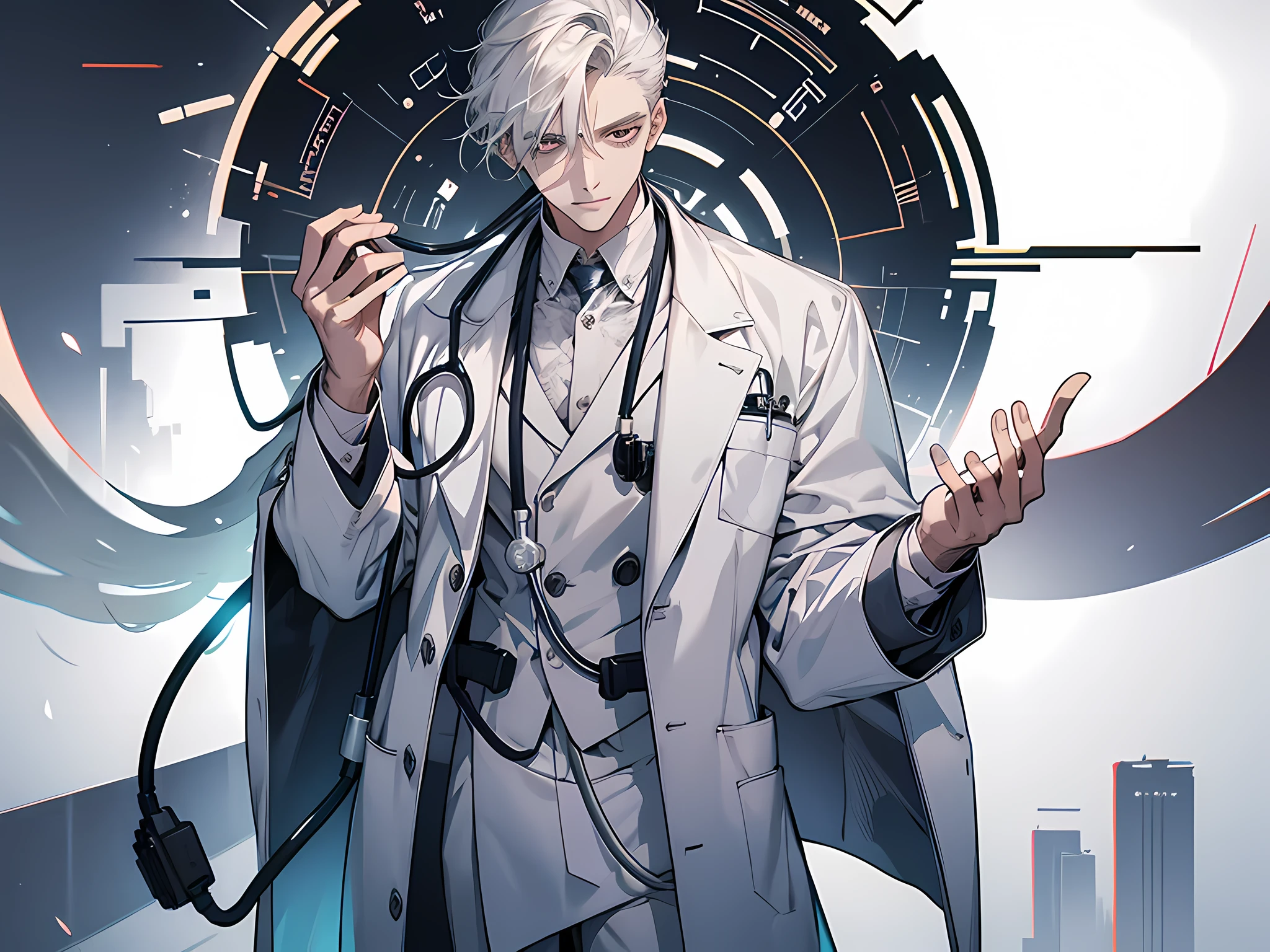 1 man, wearing white doctor outfit with stethoscope on his neck, standing, face to detail, detailed eyes, perfect hands, full-body illustration
