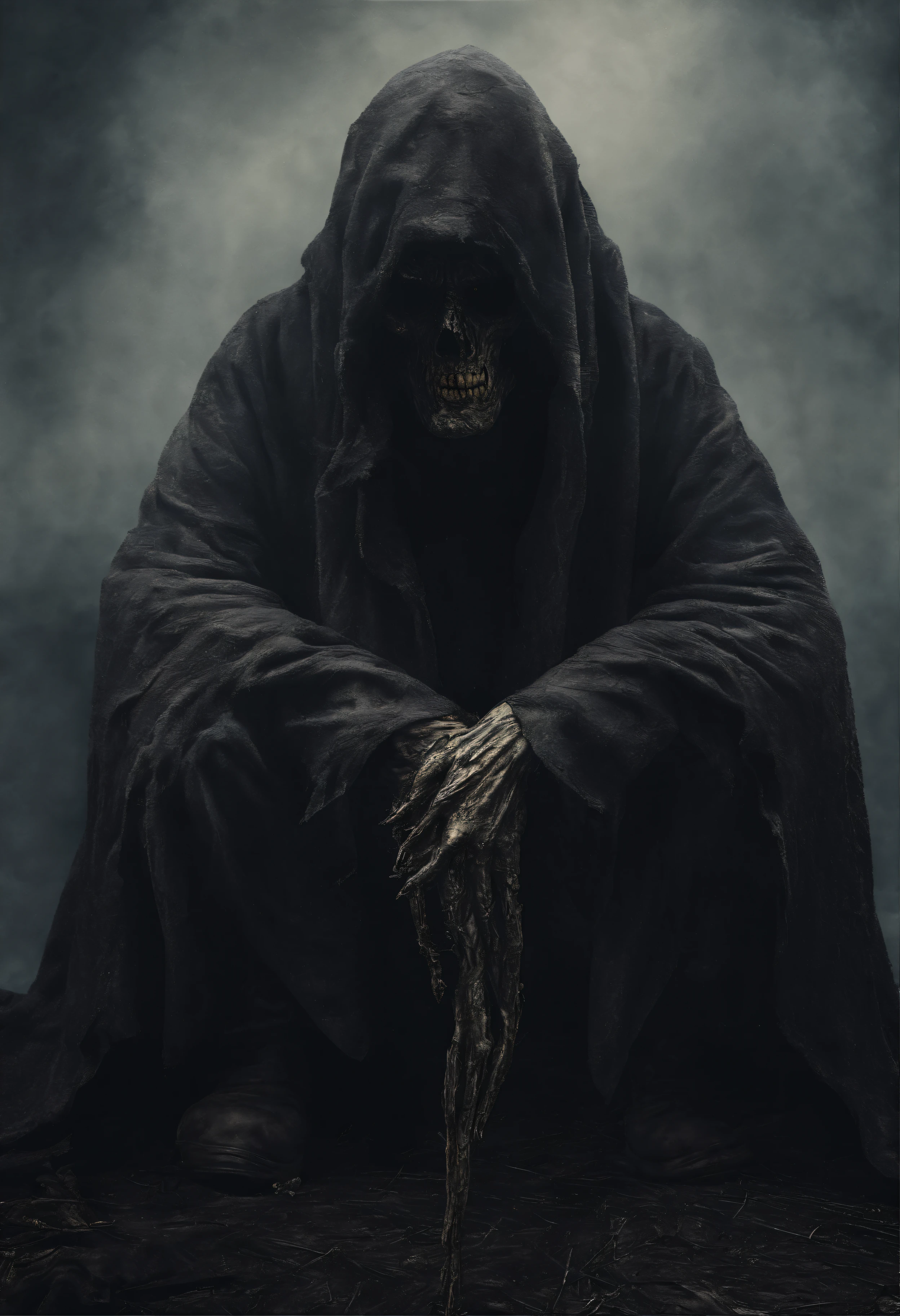homem muito velho, it looks like a corpse, metade de seu rosto deformado, mendigo, sujo, olhar irritado, cabelo grisalho curto, pale wrinkled skin, pupilas amareladas, postura curvada, cintura para cima, olhar penetrante e maligno, longo manto preto, Roupas rasgadas, Manto de penas de corvo nas costas, lado esquerdo do corpo coberto com faixas e capuz, Mist, Posto de gasolina escuro, Horror, temer, apavorante, suspense, misterioso
