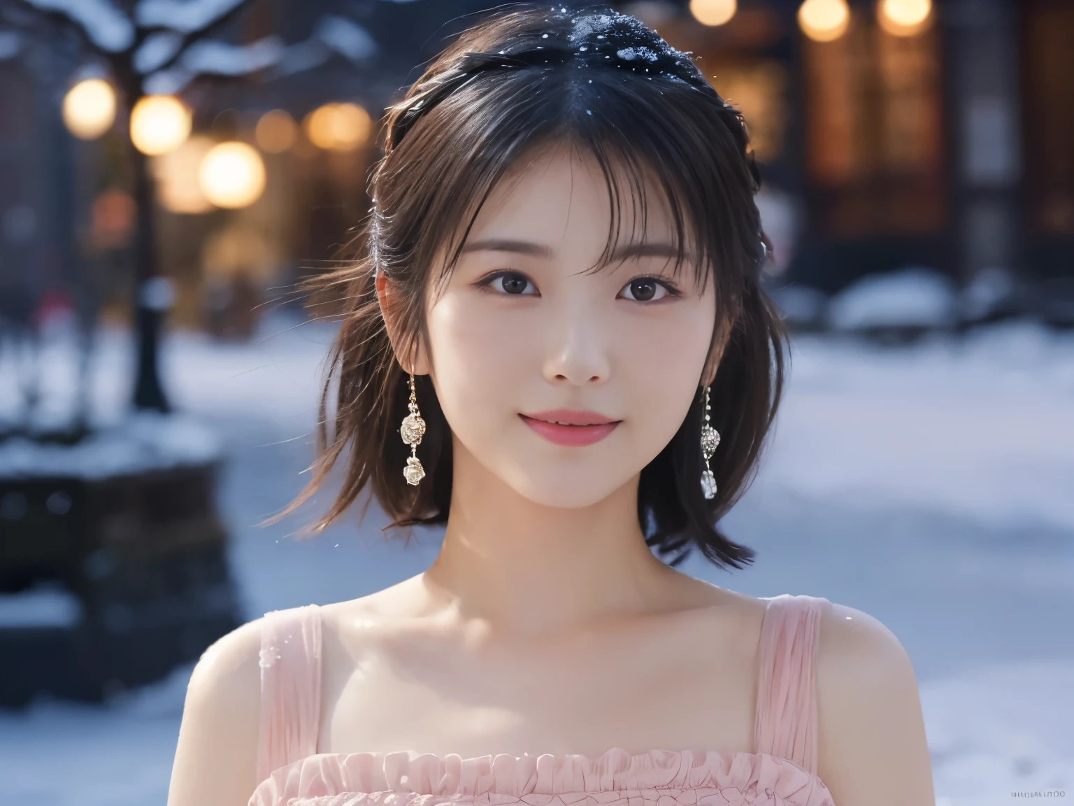 1 girl, (Wearing a pink dress:1.2), beautiful japanese actress,
(RAW photo, highest quality), (realistic, Photoreal:1.4), masterpiece, 
very delicate and beautiful, very detailed, 2k wallpaper, wonderful, 
finely, very detailed CG Unity 8K 壁紙, Super detailed, High resolution, 
soft light, beautiful detailed girl, very detailed目と顔, beautifully detailed nose, beautiful and detailed eyes, cinematic lighting, 
break
(Against the backdrop of a snowy night cityscape 1.3), city lights, (Snow is flying:1.3), 
perfect anatomy, slender body, smile, Face the front completely, look at the camera