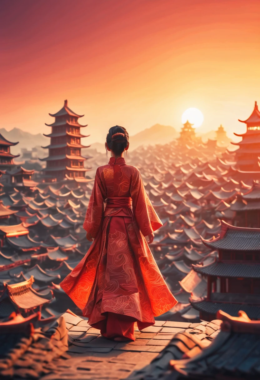 ancient china city in sunset, origami clothes, poeple, zentangle sunny sky, sunset, 3d crunch, cinematic, (magical energy:1.1), (magical sparks:1.1), (glamorous transformation sequence:1.1)