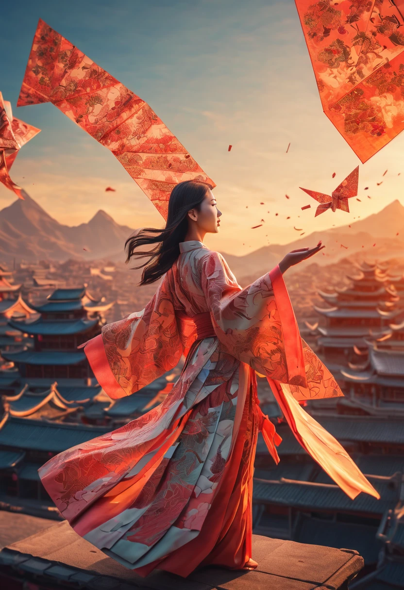 ancient china city in sunset, origami clothes, poeple, zentangle sunny sky, sunset, 3d crunch, cinematic, (magical energy:1.1), (magical sparks:1.1), (glamorous transformation sequence:1.1)