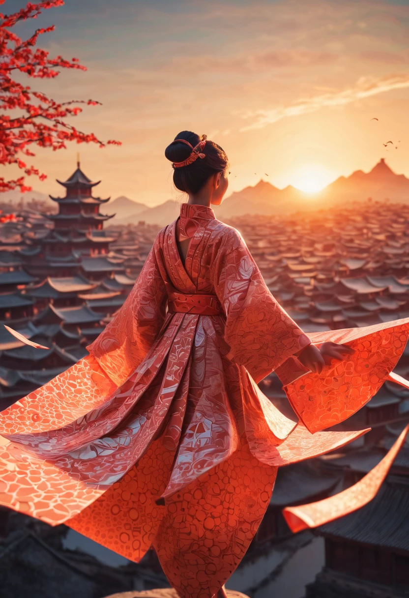 ancient china city in sunset, origami clothes, poeple, zentangle sunny sky, sunset, 3d crunch, cinematic, (magical energy:1.1), (magical sparks:1.1), (glamorous transformation sequence:1.1)