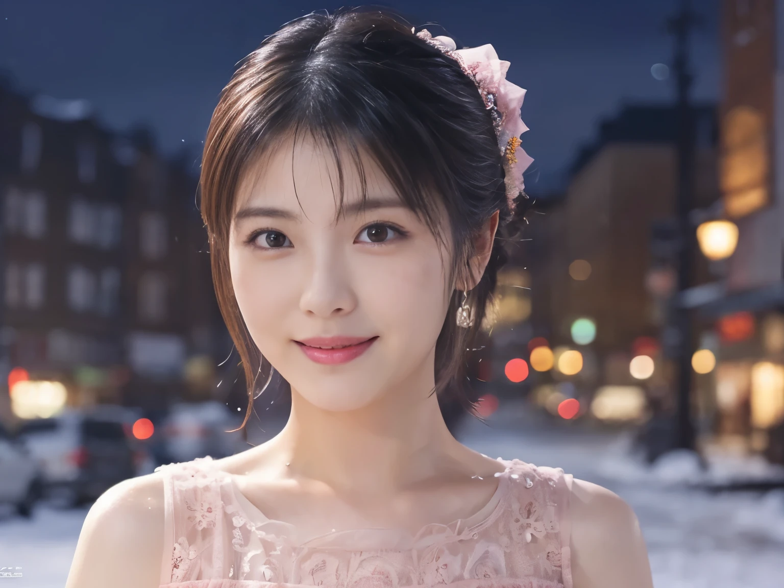 1 girl, (Wearing a pink dress:1.2), beautiful japanese actress,
(RAW photo, highest quality), (realistic, Photoreal:1.4), masterpiece, 
very delicate and beautiful, very detailed, 2k wallpaper, wonderful, 
finely, very detailed CG Unity 8K 壁紙, Super detailed, High resolution, 
soft light, beautiful detailed girl, very detailed目と顔, beautifully detailed nose, beautiful and detailed eyes, cinematic lighting, 
break
(Against the backdrop of a snowy night cityscape 1.3), city lights, (Snow is flying:1.3), 
perfect anatomy, slender body, smile, Face the front completely, look at the camera