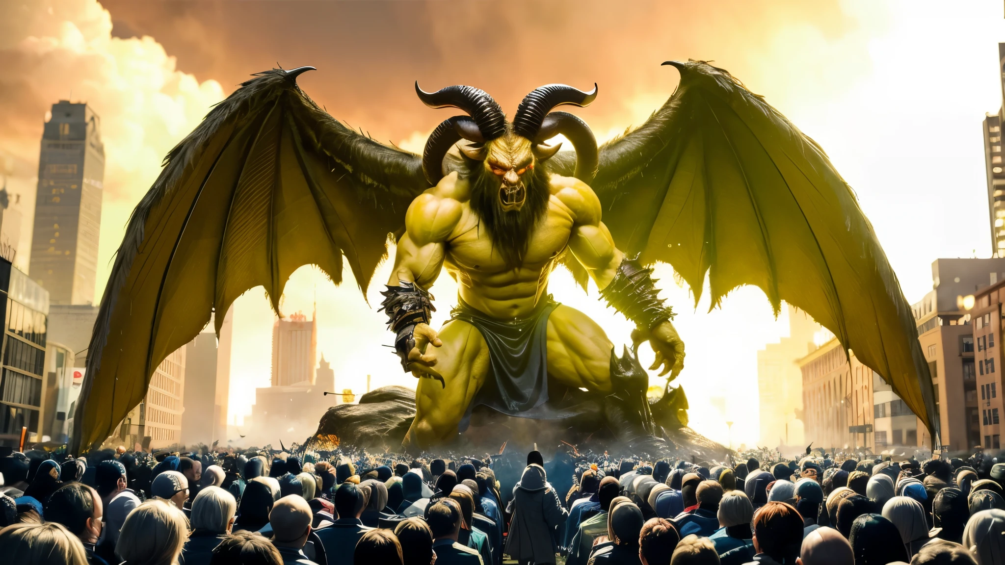 many people on there Knees, bowing and worshipping around a large demon with a large horn with a head of a cow of a demon with horns, giant devil appeared in the middle of the city with fire surround the devil, fat ripped satanic creature, hyper realistic fantasy monster, demonic monster, doom monster, satan in hell, doom demon, realistic image, 16k resolution,