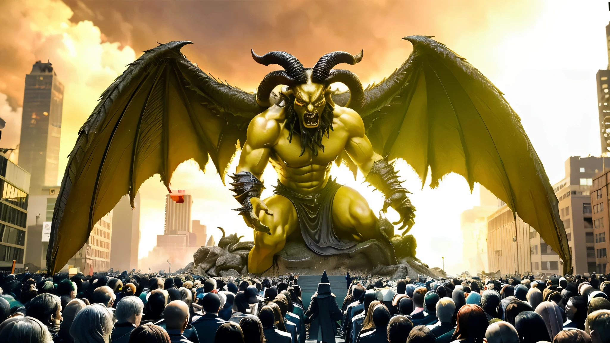 there is a large crowd of people watching a Gold large statue of a demon, demon statue shouting in front of the people, satan in hell, in style the demon seated, an giant evil, the beast of judgement, very realistic image, 16k resolution, very detailed