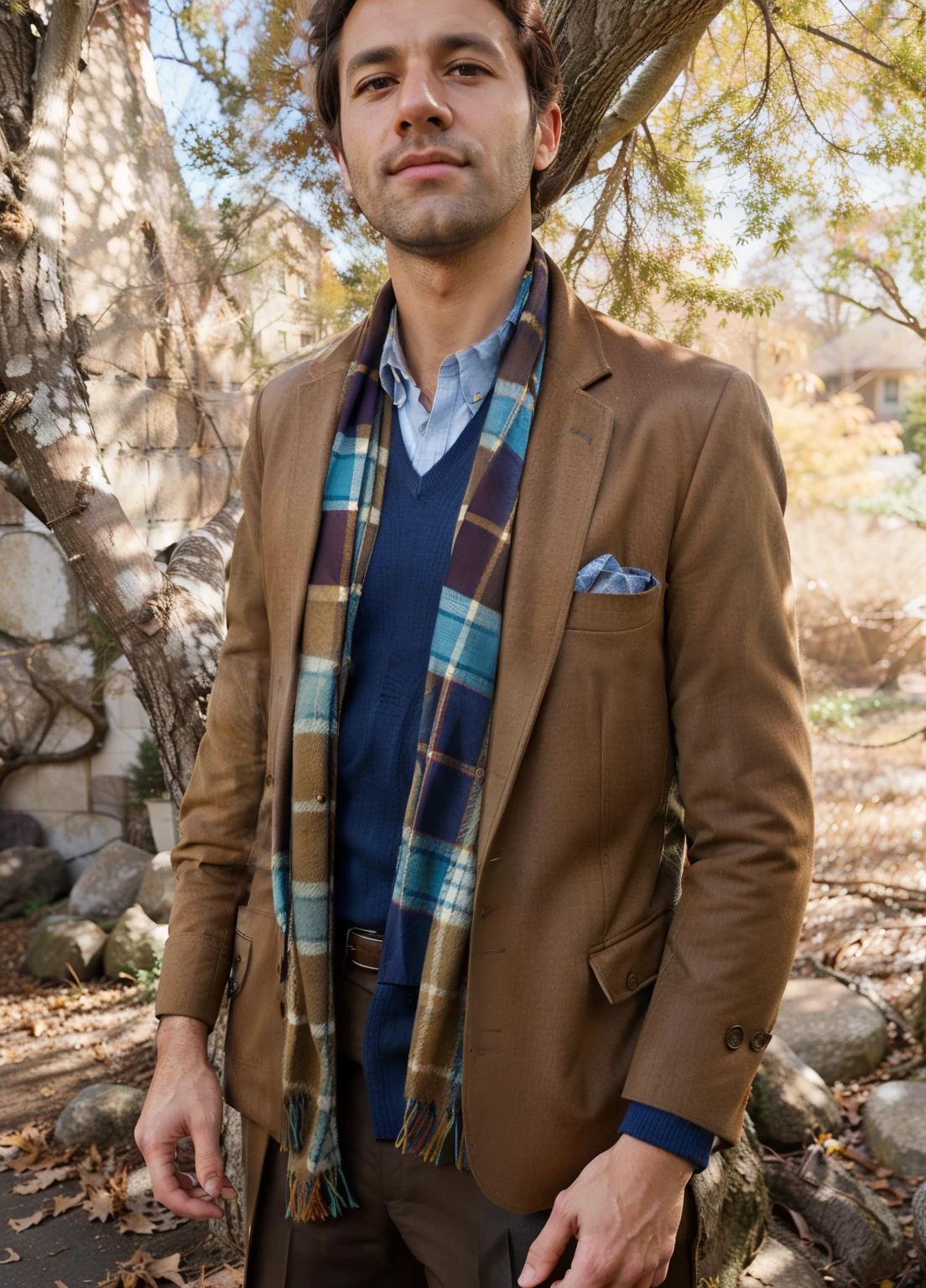 arafed man in a blue shirt and brown jacket standing under a tree, dressed in 1970s menswear, wearing a scarf, classic vibes, inspired by Robert Medley, wearing a parker, profile shot, dressed like in the 1940s, tartan scarf, promo shot, mid shot portrait, handsome man, white scarf