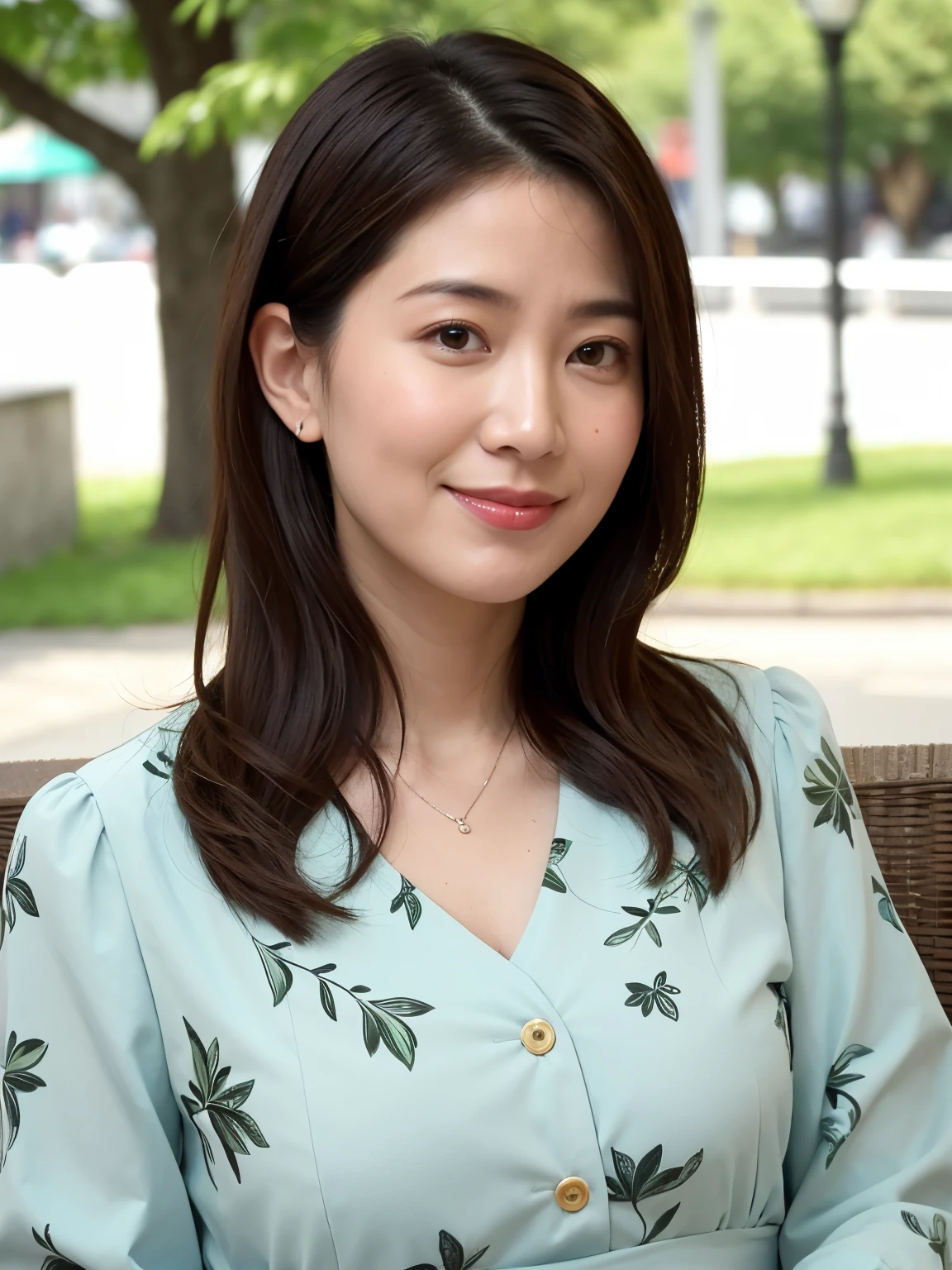best qualtiy, in 8K, masuter piece, 逼真, Sharp Focus, high quarity, hight resolution, A detailed face, A detailed eye, Thick lip, (Look at viewers), 独奏, Beautuful Women, 45 year old, plumw, Beautifully trimmed hair, cleavage of the breast, brightly colored patterned dress, Afternoon in front of the park garden,