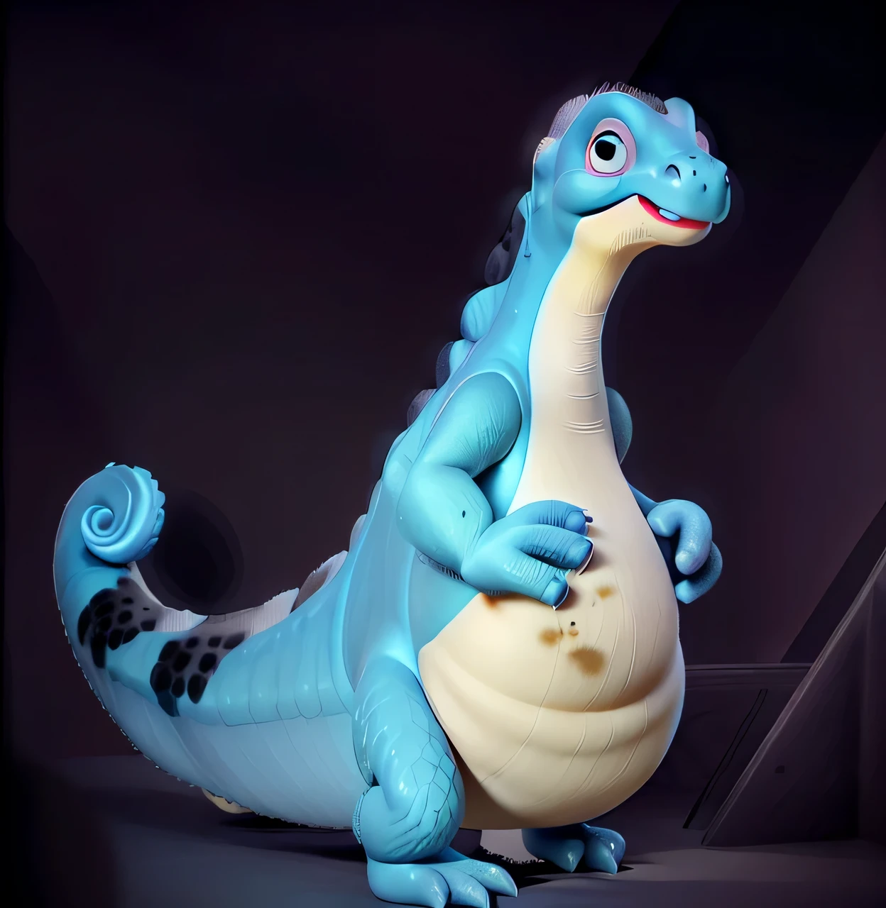 relaxed dinassaur. relaxaurus, ((small black eye)), full black eye, (((round black eye))), white belly, lizard skin, dark blue spots on his back. Reptil, fat dinassaur , dumb face, curled tail tip