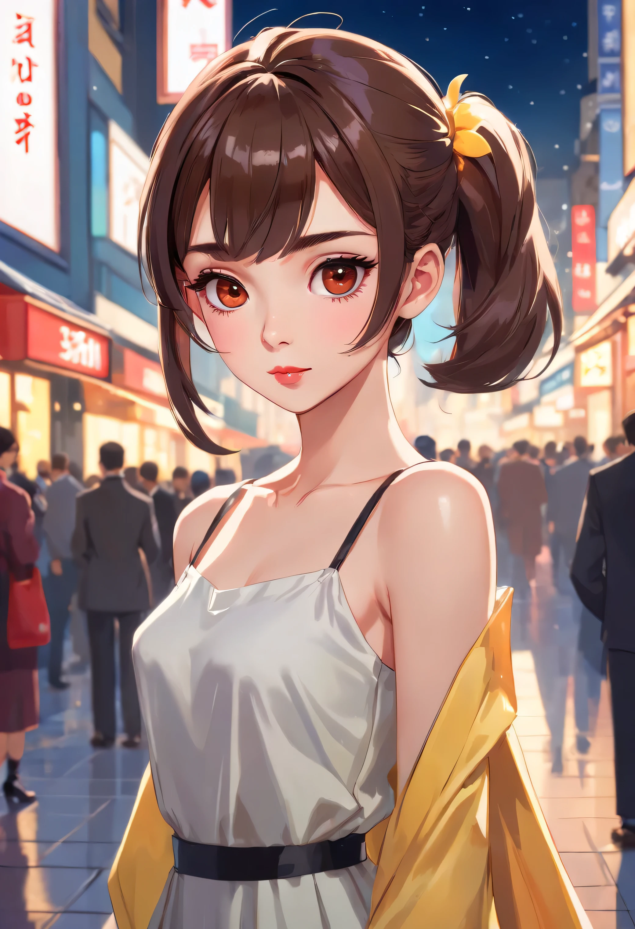 (1mecha girl:1.3, solo), (Audrey Hepburn:1.3), (a extremely pretty and beautiful Japanese woman), (sexy girl), (professional attire:1.3), (22 years old: 1.1), (walking on red carpet:1.3), (attractive random posing:1.3), (in the night royal party:1.3), (looking straight at you:1.3), (starring at you:1.3), (front view:1.3), (from side:1.3), break, (ponytail:1.3), (shiny-black thin hair:1.2), bangs, dark brown eyes, beautiful eyes, princess eyes, (big eyes:1.3), bangs, wearing a glasses:1.3, Hair between eyes, short hair:1.3, (slender:1.1), (small-medium-breasts:0.95), (thin waist: 1.15), (detailed beautiful girl: 1.4), Parted lips, Red lips, full-make-up face, (shiny skin), ((Perfect Female Body)), (upper body image:1.3), Perfect ???????, Perfect Proportions, (most beautiful Korean actress face:1.3, extremely cute and beautiful Japanese actress face:1.3), BREAK, (View viewer, wearing a lovely bitch cordinate, (insanely detailed yellow camisole dress:1.3), (white cyborg armor:1.3), (pin-heels:1.3), detailed clothes, BREAK, (detailed royal night party background:1.2), (dark background), (Studio soft lighting: 1.3), (fake lights: 1.3), (backlight: 1.3), BREAK, (Realistic, Photorealistic: 1.37), (Masterpiece, Best Quality: 1.2), (Ultra High Resolution: 1.2), (RAW Photo: 1.2), (Sharp Focus: 1.3), (Face Focus: 1.2), (Ultra Detailed CG Unified 8k Wallpaper: 1.2), (Beautiful Skin: 1.2), (pale Skin: 1.3), (Hyper Sharp Focus: 1.5), (Ultra Sharp Focus: 1.5), (Beautiful pretty face: 1.3), (super detailed background, detail background: 1.3), Ultra Realistic Photo, Hyper Sharp Image, Hyper Detail Image,