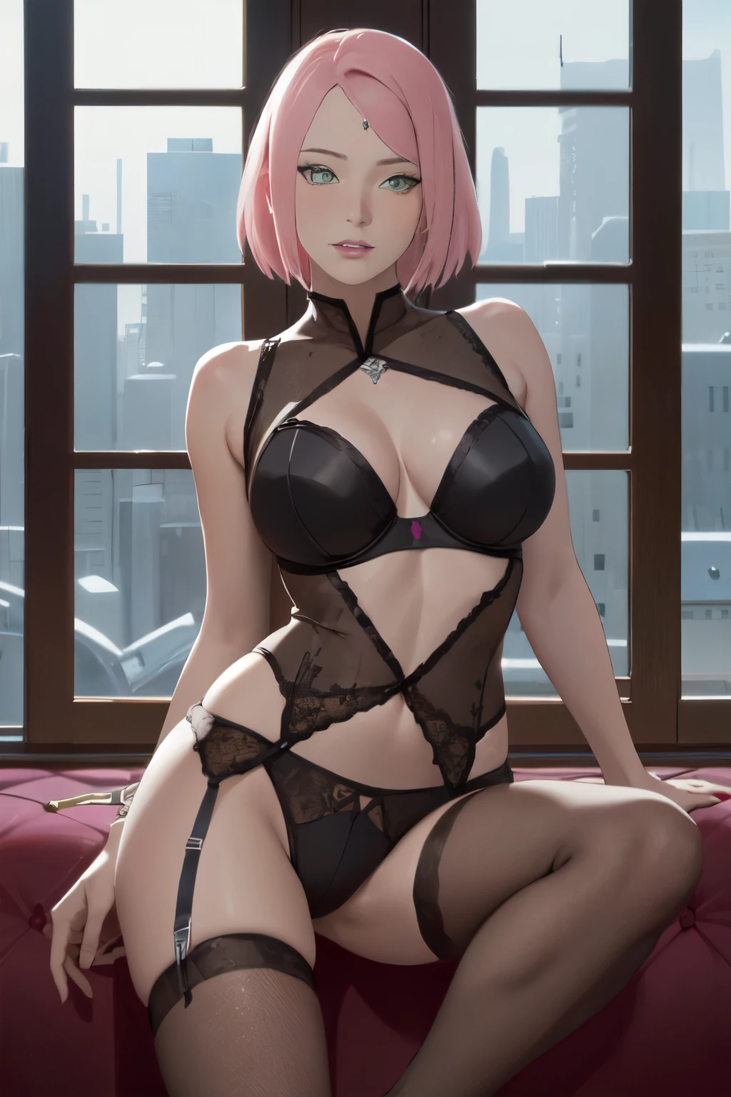 masterpiece, absurdres, sakura\(boruto\), 1girl, solo,mature female, one piece linjerie, gothic style, gothic bra lenjerie, detailed gothic thong lenjerie, gothic detailed, no shirt, open  clothes, gothic outfit), perfect composition, detailed lips, breast, beautiful face, body propotion, blush, (pink lips), short hair,  green eyes,  soft gaze,  super realistic, detailed, photoshoot, realistic face and body, thighhighs, full body, erotic pose, provocative pose, waiting sex pose